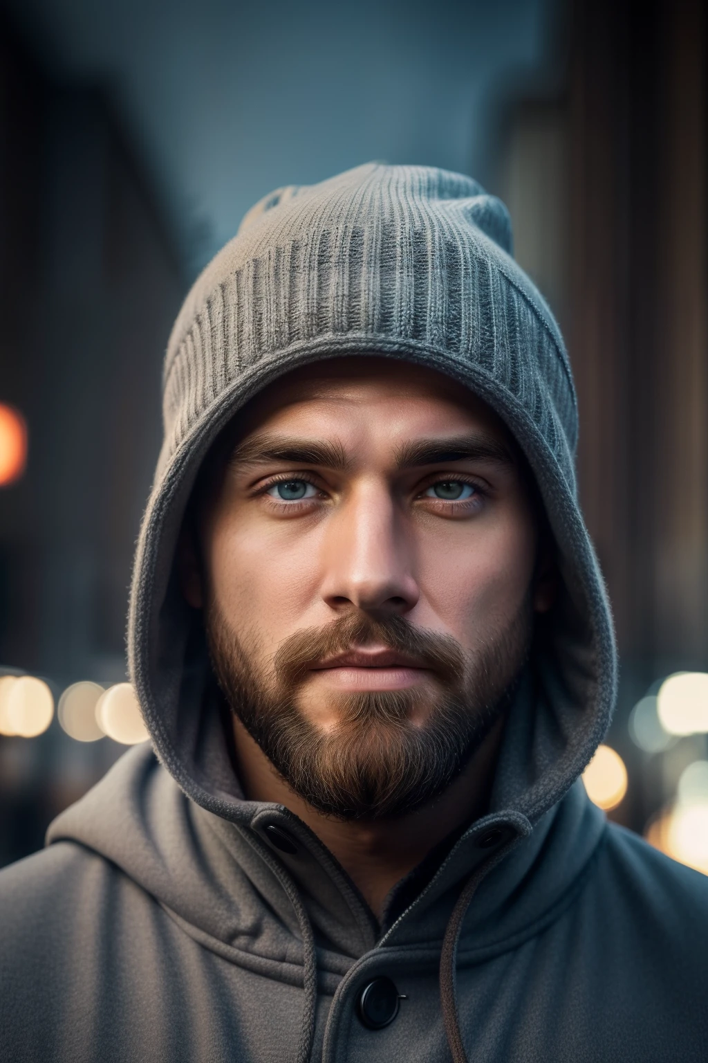 (master piece), (best quality), cinematic, photorealism, rendering, realistic, ultra detailed, perfect face, portrait frame,  up, handsome man, man in beanie and hoods, 24 year old man, medium beard, eyes browns, gray and blue coat, cold colors, from the front, gorgeous, looking at the camera, blurred cold background, bottom-up lighting