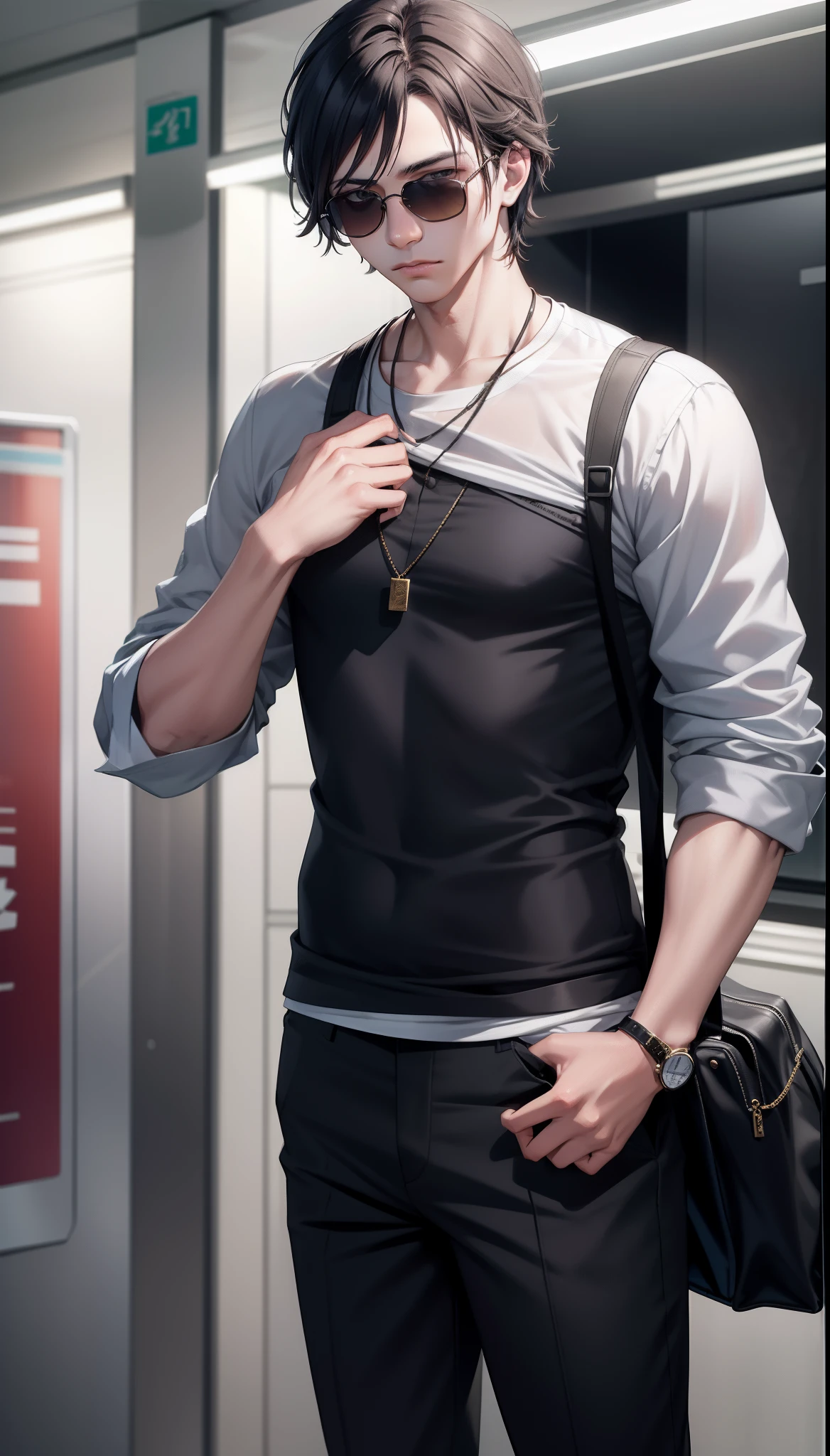 arafed boy with sunglasses and a gray shirt standing in a subway station, in style of lam manh, ilya kuvishinov style, in style of kyrill kotashev, in style of ultra realistic, fashion model, cool style, style of anton fadeev, fashion model in sunglasses, in style of kar wai wong, fashion photo