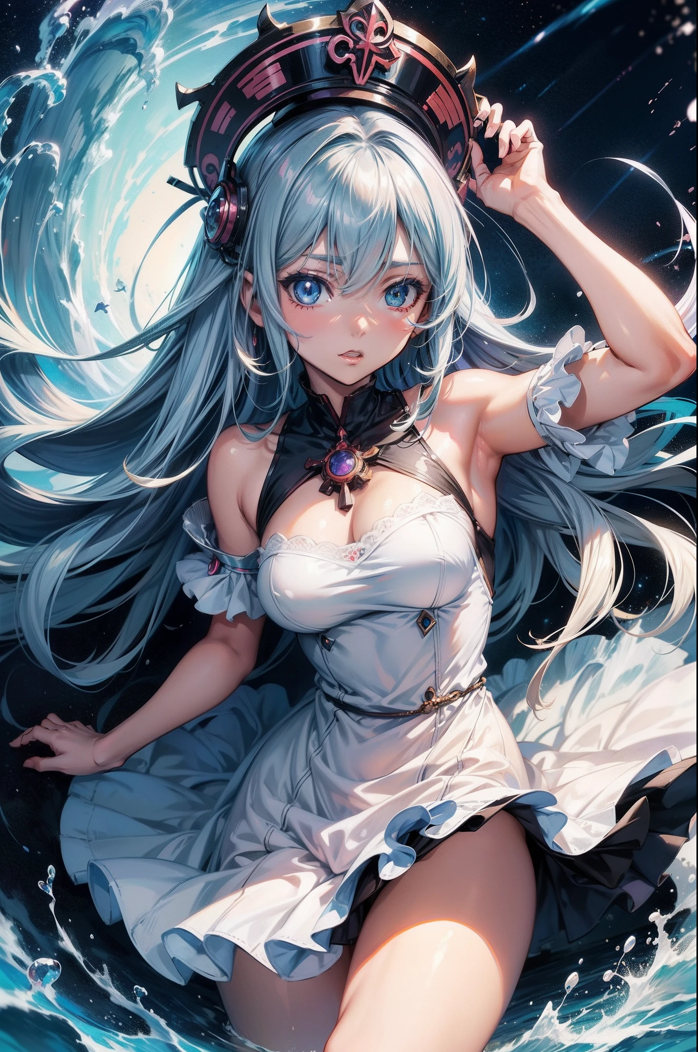 Anime, Anime style, nffsw, retinas, masutepiece, ccurate, Anatomically correct, Textured skin, Super Detail, high details, High quality, awardwinning, Best Quality, hight resolution, anime girl in a white dress with long hair and blue eyes, Wallpaper Anime Blue Water, beautiful anime artwork, Seductive Anime Girl, nightcore, beautiful anime art, beautiful alluring anime woman, detailed anime art, high definition anime art, in dress, Trending on ArtStation pixiv, Beautiful anime girl, goddess of the sea, Detailed anime artwork