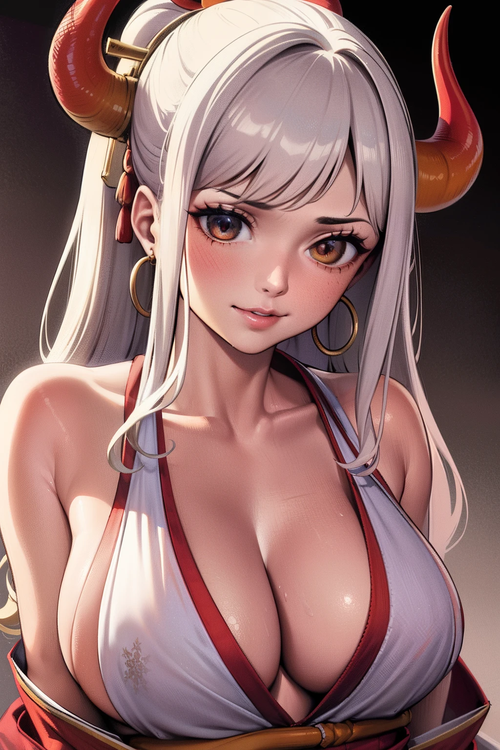 ultra realistic 8k cg, Masterpiece, ((ultra detailed background, delicate pattern, intricate high detail)), (highly detailed, finedetail), Best quality, (photoreallistic:1.4),beautiful lighting, absurdes, Photo brute, grain du film, ((seins moyens, fille mince)), Yamato, cheveux longs, 1fille, Cornes, cheveux blancs, seulement, ils, cornes rouges, Coiled horns, ornement de cheveux, (cornes multicolores), joaillerie, earrings, japanese clothes, kimono, hair stick, sans manches, bare shoulders, Aqua Hair, sidelocks, hoop earrings, Hakama, sourire, large sourire, ((yeux orange, fille mince, seins moyens)), (complex detailed background, barren land, lune, portrait, gros plan),