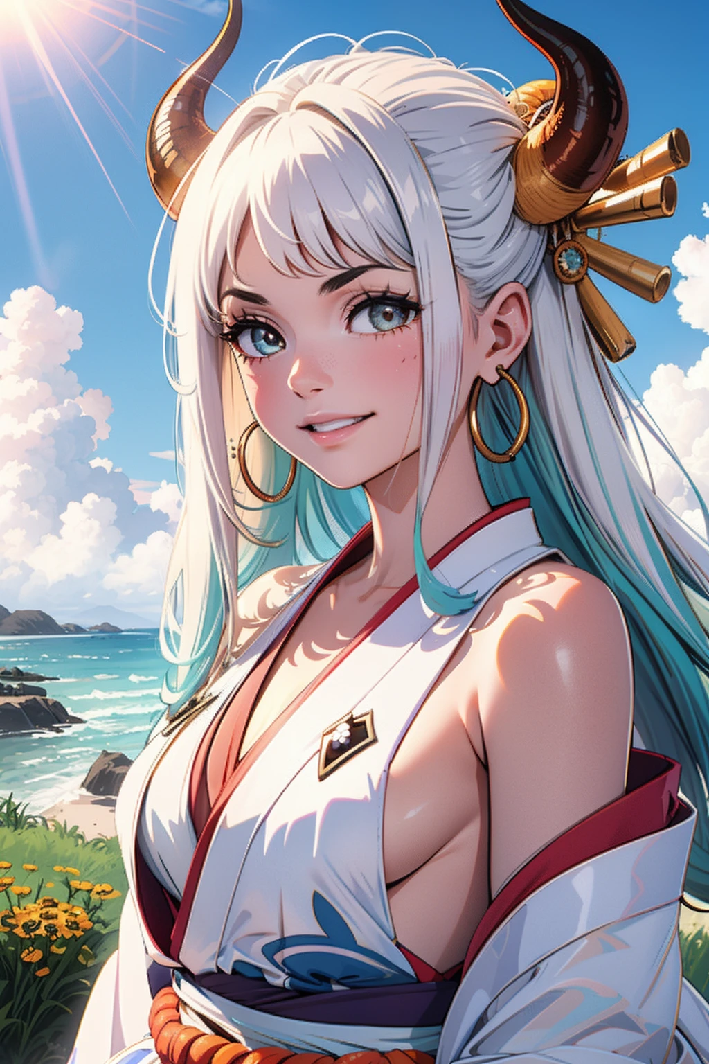 Masterpiece, ((ultra detailed background, delicate pattern, intricate high detail)), (highly detailed, finedetail), Best quality,beautiful lighting, (((seins moyens, fille mince, Very thin girl))), (Tir de cowboy), YamatoV2, cheveux longs, 1fille, Cornes, cheveux blancs, seulement, ils, cornes rouges, Coiled horns, ornement de cheveux, (cornes multicolores), joaillerie, earrings, japanese clothes, kimono, hair stick, sans manches, bare shoulders, Aqua Hair, sidelocks, hoop earrings, Hakama, sourire, large sourire, ((yeux orange)), complex detailed background, outside, Nature Environnement, Roches, sunny weather, Ciel bleu, ciel,