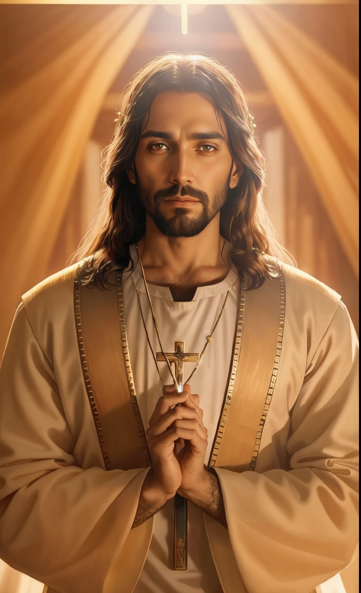 Close-up of a man holding a cross and a rosary, Jesus Christ, Portrait of Jesus Christ, dressed like jesus christ, 《Mass effect》in Jesus Christ, king of kings, Jesus of Nazareth, Jesus Christ blunt apparatus, Cyberpunk Jesus Christ, Jesus wasted at the meeting, jesus face, author：Roman Bezpalkiv, the lord and savior, Jesus