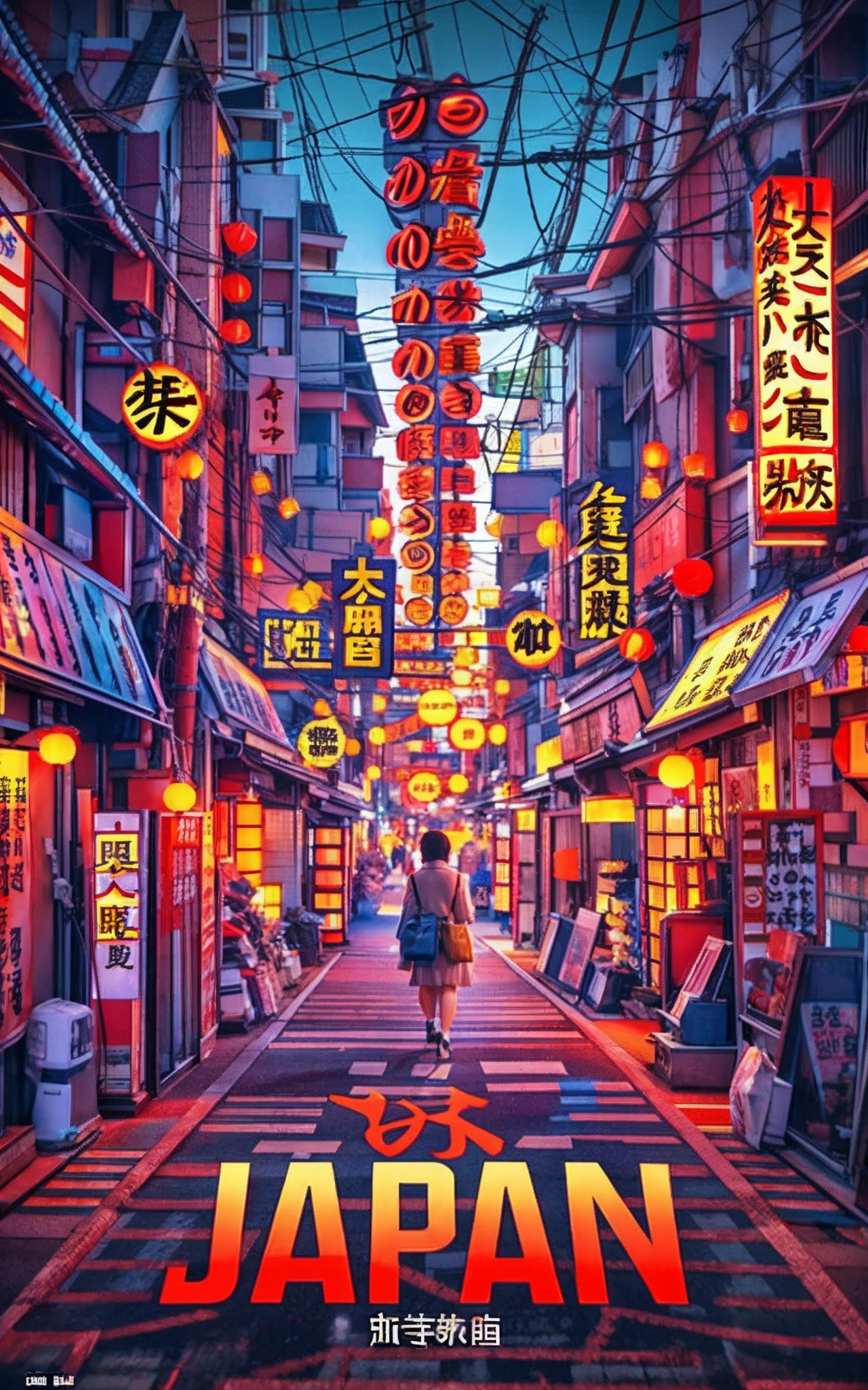 movie poster artist Makoto Aida vs JAPAN SNS community. Japanese horror style, 4k Movie Japan movie poster, Woman walking in crowded streets of luxurious Japan、Electric wires and lanterns on the ceiling、Multiple utility poles、signboard、paper lanterns、Followed perspective、masterpiece