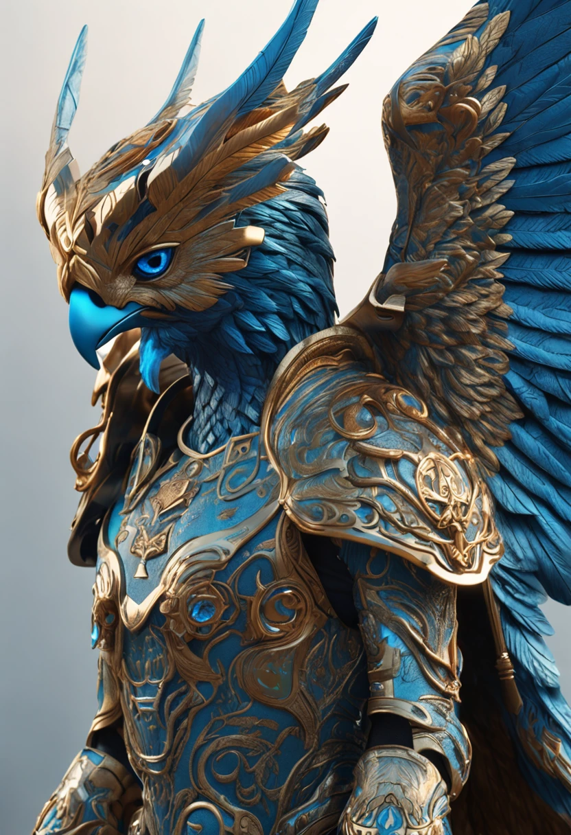 Anthropomorphic blue-headed eagle logo, Big green eyes, Lots of details, Portrait, finely detailed armor, Cinematic lighting, intricate filigree metal design, 8K, illusory engine, rendering by octane, Realistic, red shift render