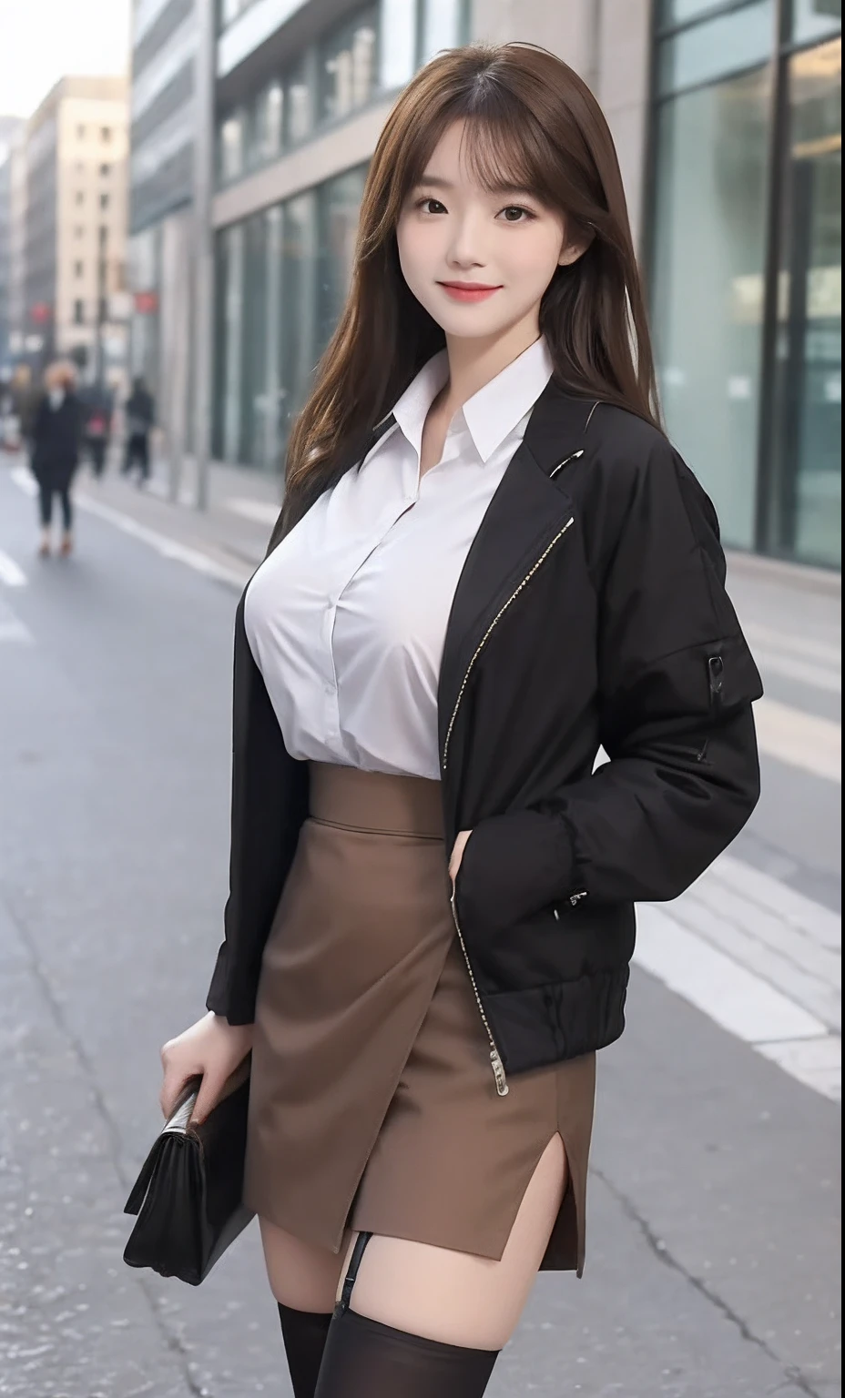 ((top-quality、8K、masterpiece:1.3))、foco nítido:1.2、Beautiful Women in Perfect Style:1.4、Slender Abs:1.2、((dark brown hair、Colossal tits:1.2))、(natural soft light、Street:1.1)、Highly detailed facial and skin texture、A detailed eye、二重まぶた、A smile、Business Womenswear,(jaket:1.1),(The shirt:1.1),(Wrap skirt:1.1),Jewelry,MO Size,Stockings,black lence stockings,Goosebumps,Filigree,quality,(tmasterpiece:1.2),