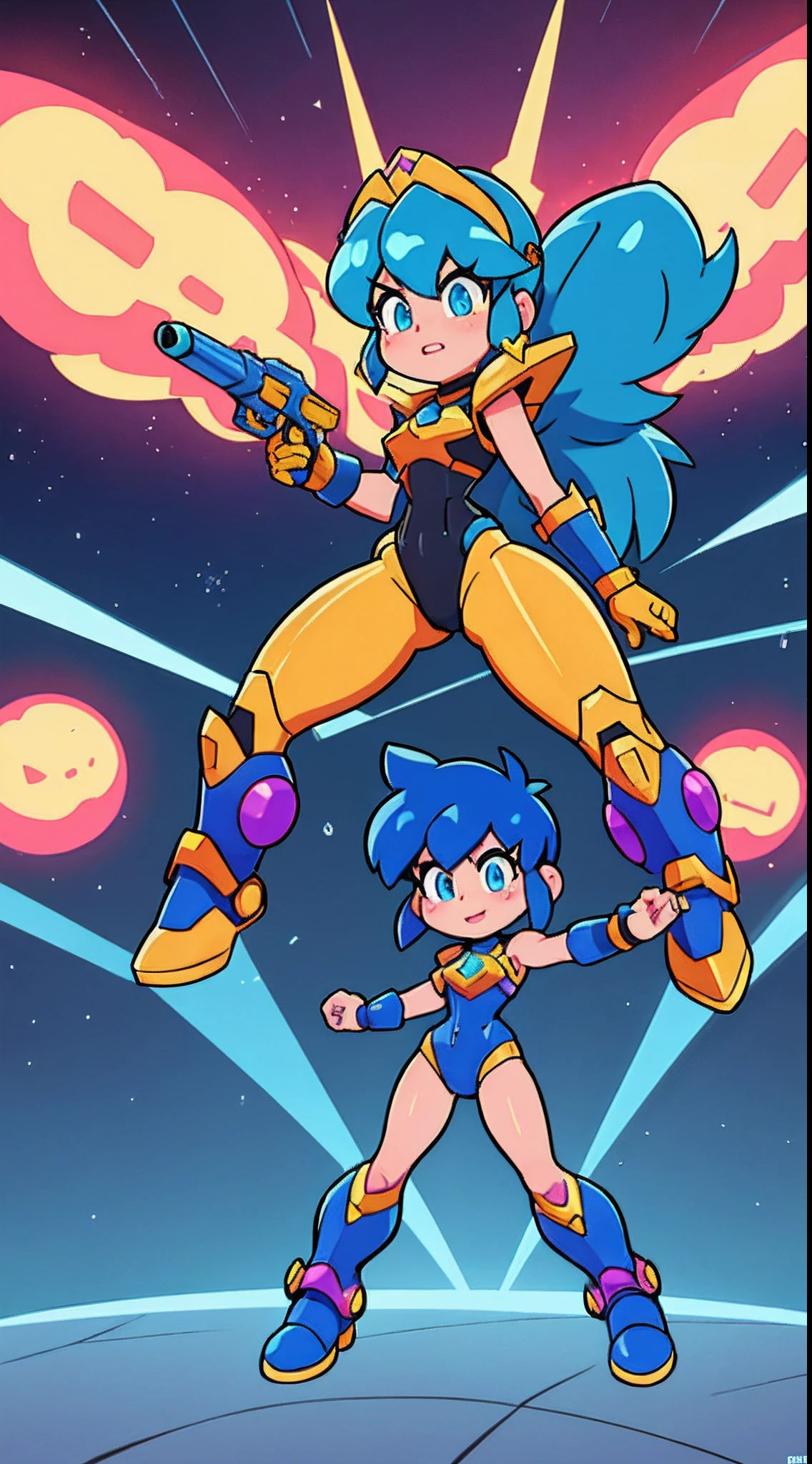 Create a 16k resolution image, Unreal Engine 5, Disney style, Super Metroid style, Mega Man-X style, with very detailed eyes, very detailed face, of a woman doing hybrid cosplay of Mega Man-X/Samus Aran/Seiya of Pegasus with Sagittarius armor, short blue hair, wearing helmet, extremely detailed eyes, futuristic weapons, background: Futuristic city being destroyed, looking at the viewer with tears in their eyes, making cart for the viewer.