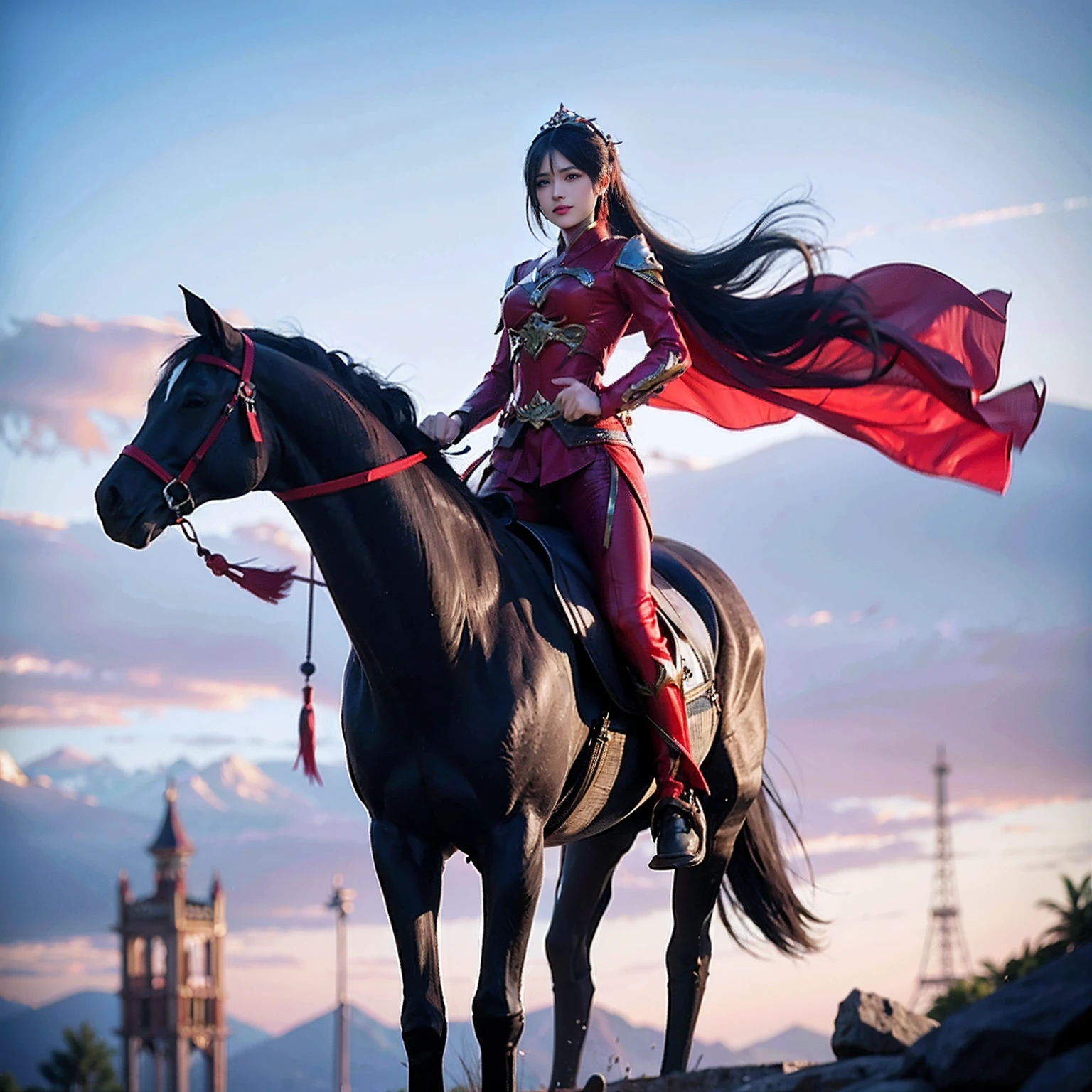 The woman in red rides on a black horse with a red cloak, lady in red armor, cosplay foto, xianxia hero, alena aenami and artgerm, fantasy character photo, by Yang J, Anime girl cosplay, samira from league of legends, Irelia from League of Legends, full-body wuxia, horse warrior