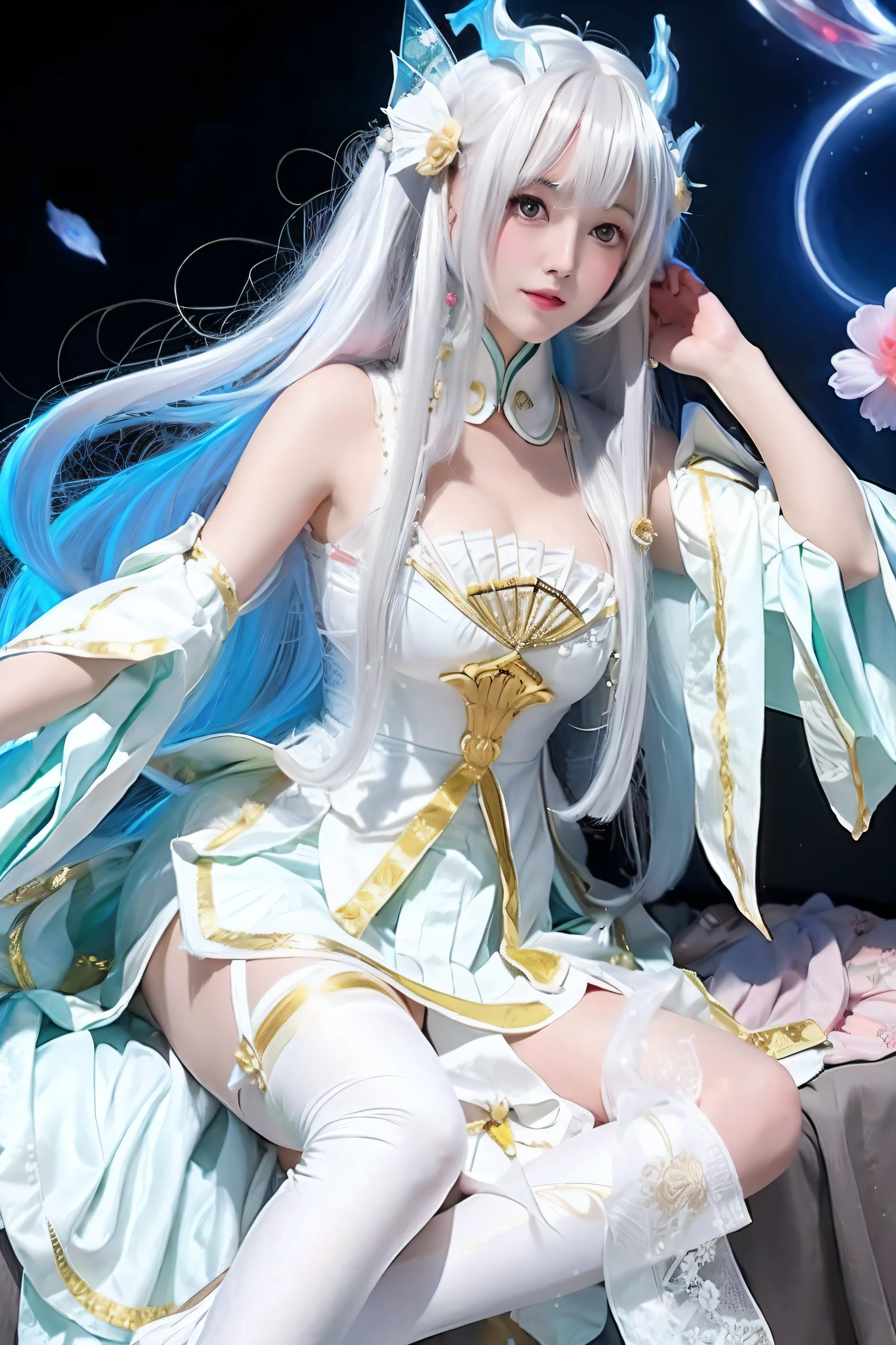 whaite hair,period costume,Royal Sister,Master,Sword Fairy,Ancient wind,Colorful manga style,((white stockings)),outside