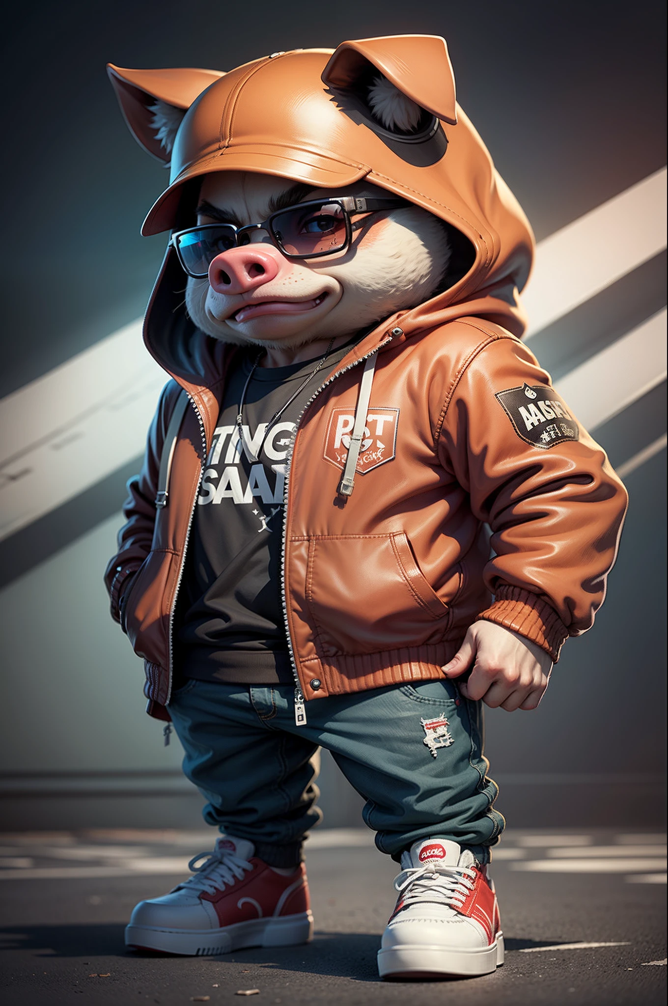 C4tt4stic, Cartoon Crimson Pig with jacket and skateboard, Sunglasses,