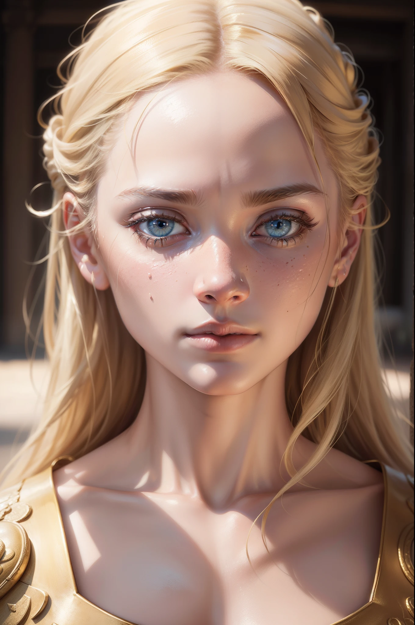 angel, armor gold (masterpiece, best quality, high resolution:1.4), 1girl, angel, skin pores texture, Hair blonde, HD , Photography, movie, cinematic, full Body, Realistic, (8k, RAW photo, best quality, masterpiece:1.2), (realistic, photo-realistic:1.33), best quality, detailed eyes blue, cute,natural lighting, depth of field, film grain, wrinkled skin, sharp, detailed and realistic portrait of a woman ,(freckles:0.5) , outside, wearing a white t shirt, staring at camera, chapped lips, soft natural lighting, portrait photography, magical photography, dramatic lighting, photo realism, ultra-detailed, intimate portrait composition, Leica 50mm,