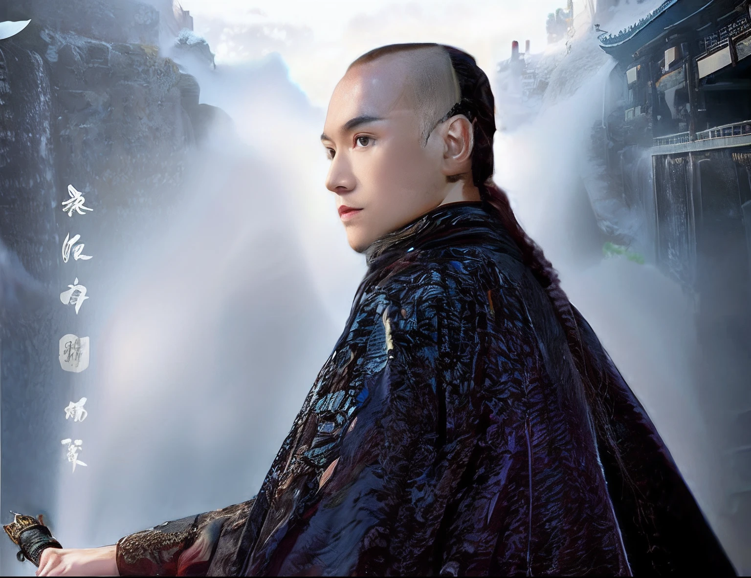 arafed image of a man in a black robe holding a sword, Inspired by Huang Shen, inspired by Li Kan, Yan, Wuxia, inspired by Fan Kuan, inspired by Li Gonglin, inspired by Zhao Mengfu, xianxia hero, inspired by Wu Bin, Bo Feng, in style of pan ren wei, 张艺谋 in the mood of