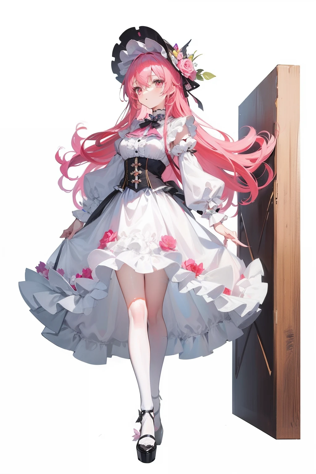 (hoang lap,A high resolution,ultra - detailed,distinctive),1girll,Plain white background,Full body standing painting,Pink hair color, Lolita prostitute,wearing hat,There are flowers on the hat
