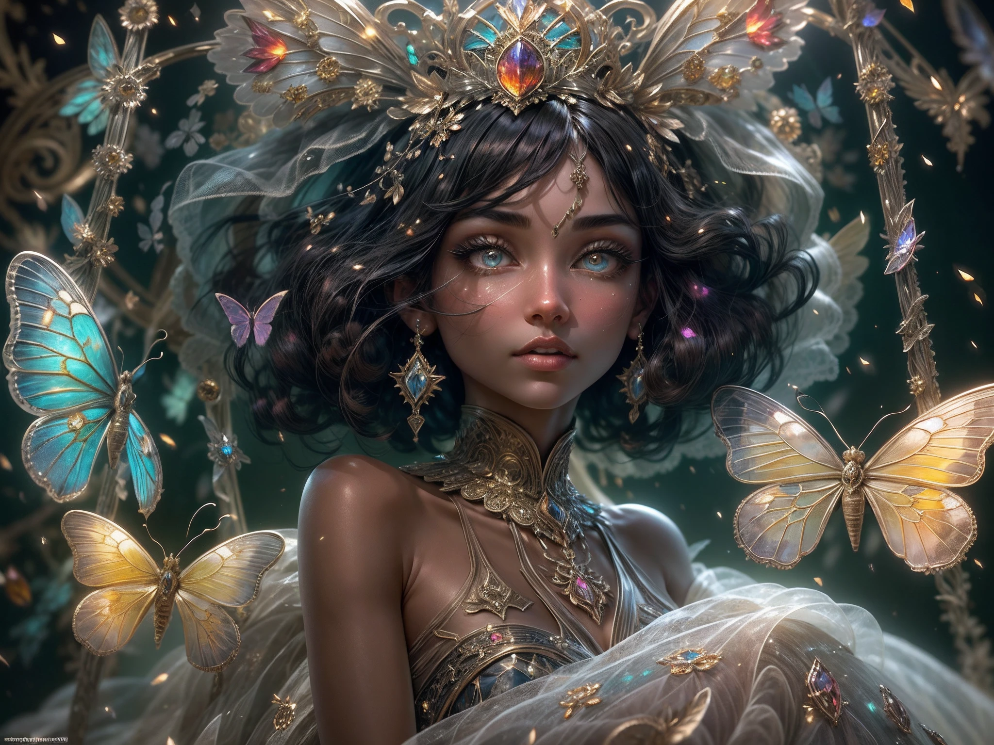This is a realistic fantasy masterpiece with lots of shimmer, glitter, and intricate ornate detail. Generate one petite woman with a beautiful and delicate crown sitting on a garden swing at night. She is a beautiful and seductive butterfly queen with stunning curly black hair, (((incredibly realistic and detailed dynamic eyes in bright colors with realistic shading))). Her skin is translucent white, her eyes sparkle, and her dress is elegant. Her dress is spun of the finest gossamer silk with delicate, intricate, and subtle floral detailing and gold silk butterfly sleeves. Her face is lovely and lonely. Include glow-in-the-dark flowers, lots of particles, highly realistic fantasy butteflies with translucent jewel-toned wings and fine detailing, and glow. The artwork is done in the style of Guviz and brings to mind masters in the genre such as trending fantasy works on Artstation and Midjourney. Camera: Utilize dynamic composition techniques to emphasize etherealness and delicate detail.