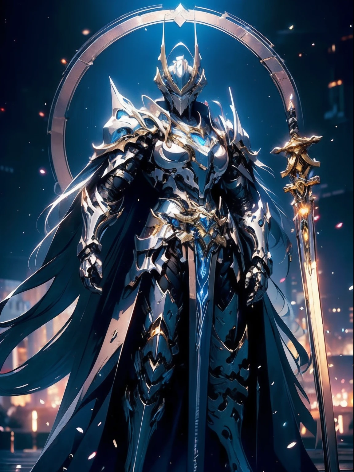 ultra wide shot, full body shot, (masterpiece, best quality), A paladin holding a light infused sword, light magic, divine, magewave, silver and gold, 4k, dark cityscape, Fujifilm, Beautiful detail background, Ultra detailed, Great composition, movie lights