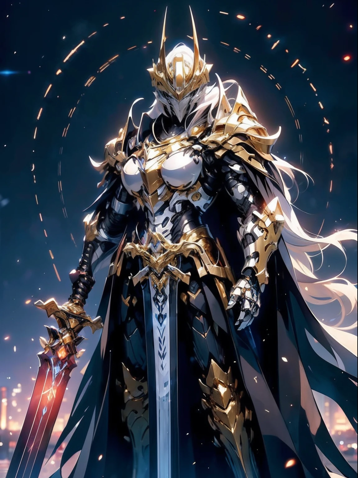 ultra wide shot, full body shot, (masterpiece, best quality), A paladin holding a light infused sword, light magic, divine, magewave, silver and gold, 4k, dark cityscape, Fujifilm, Beautiful detail background, Ultra detailed, Great composition, movie lights
