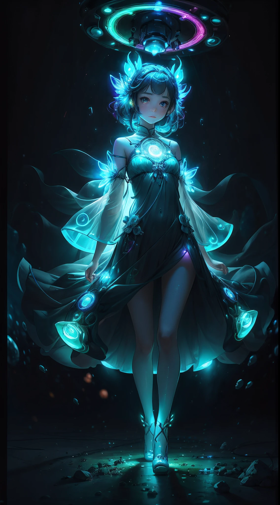 （（Bestquality））， （（A Masterpiece））， （（realisti））， portraits，1girle，full body portrait， celestial bodies， The god， a goddess， Light particles， Halo， looks at the viewer， Firm eyes， Bare Shoulders， Chest tube parietal， Poker face，（bioluminescense：0.9 girls 5）Ocean， bioluminescense， full of energy， colorful，，，，， colour， （bioluminescence， bioluminescence），（Beautiful composition）， Cinematic Lights， Wheels within wheels， （symmetric：0.5 girls）， Whimsical，
