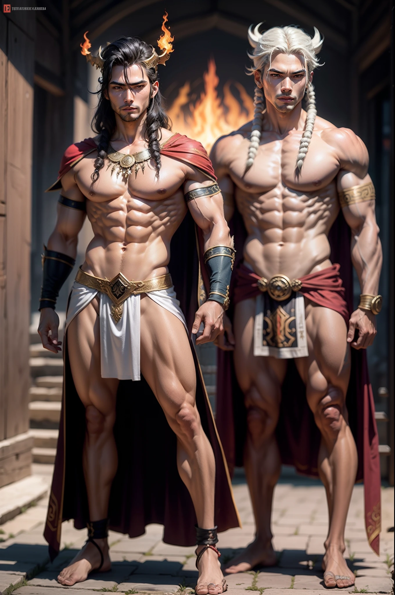 Tribo guerreira masculina asiatica, god of fire and is the first to appear loud as a god, cabelo longo branco, Folha de design de personagem, diferentes poses, different angles