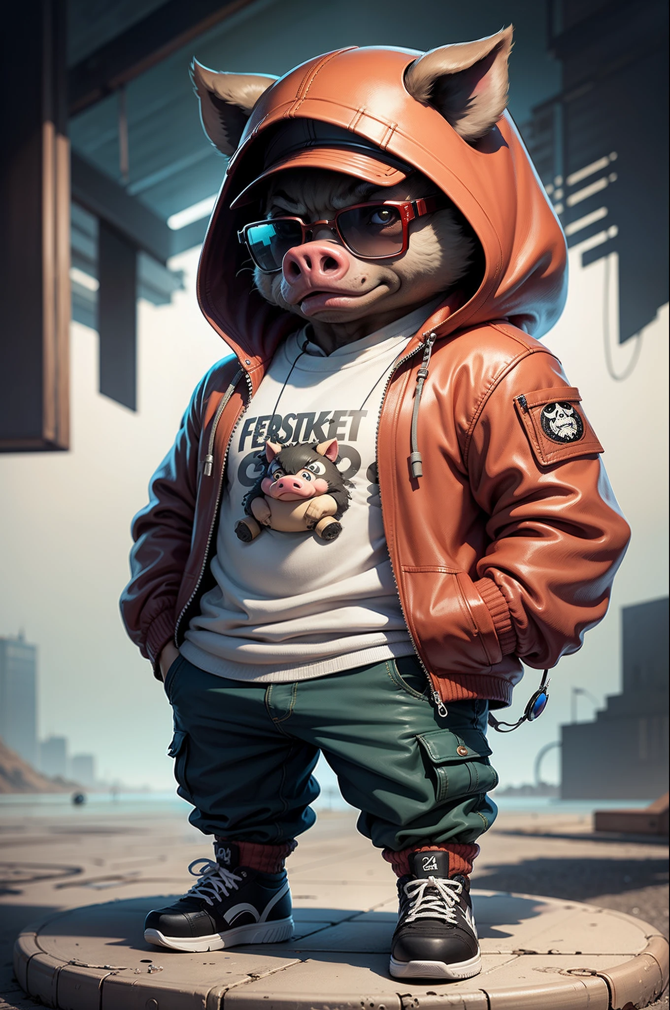 C4tt4stic, Cartoon Crimson Pig with jacket and skateboard, Sunglasses,