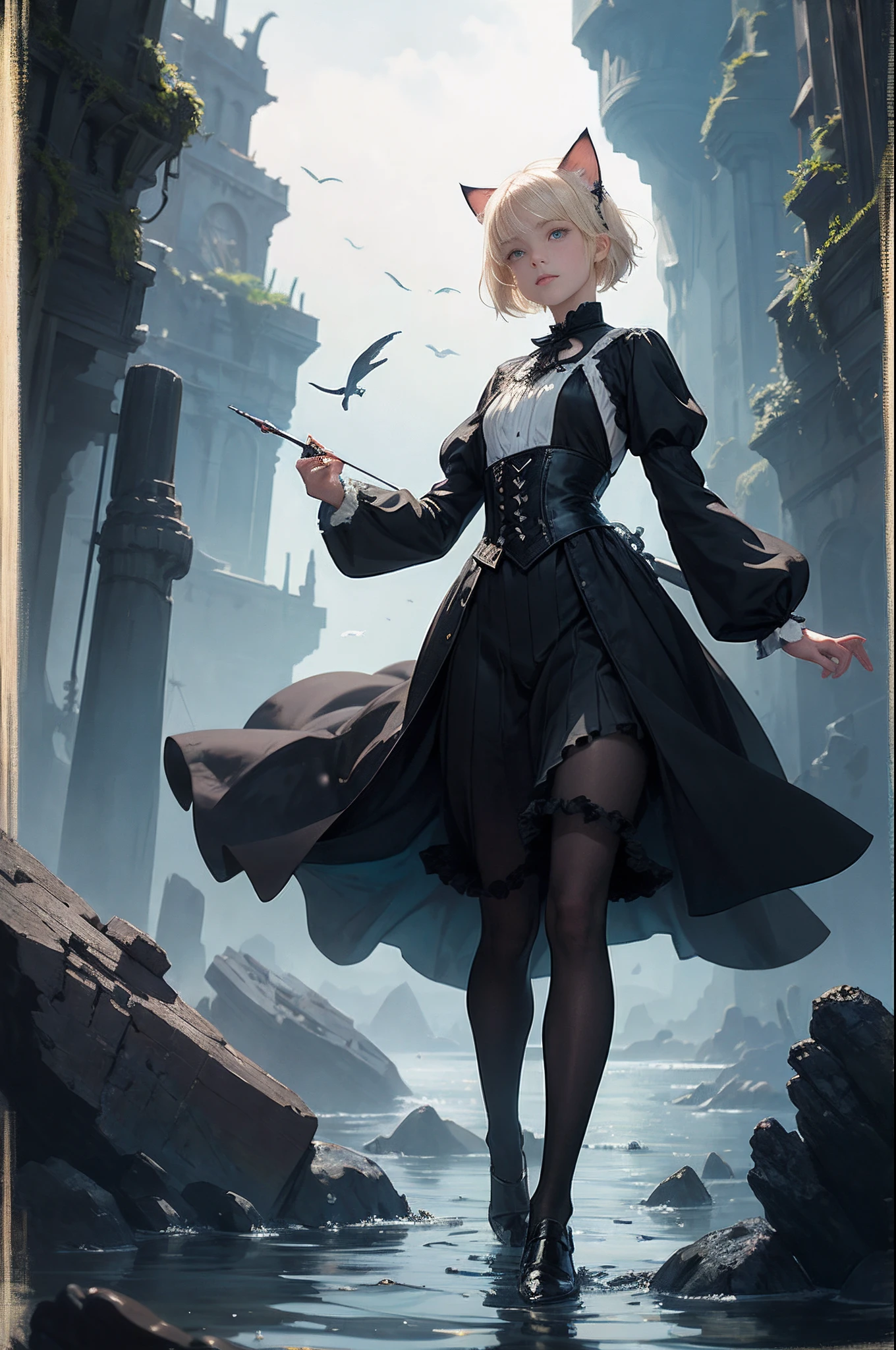 top-quality、high-detail、Realist painting、fully body photo、heroic fantasy、steampunc、Dynamic dynamism、epicd、Leyendecker's style、Aqua Garden、1 Nordic beautiful girl、Smirking expression、Pretty small face、Light makeup、Cat ears on the head、Platinum blonde short hair、Medium chest、big butts、alchemist、Holding a magic wand in both hands、Gothic dress with long sleeves、long  skirt、Black stockings、Leather shoes、colorful corals、Rocky reefs、sea weed、Wreckage of a flying sailing ship、thirds rule
