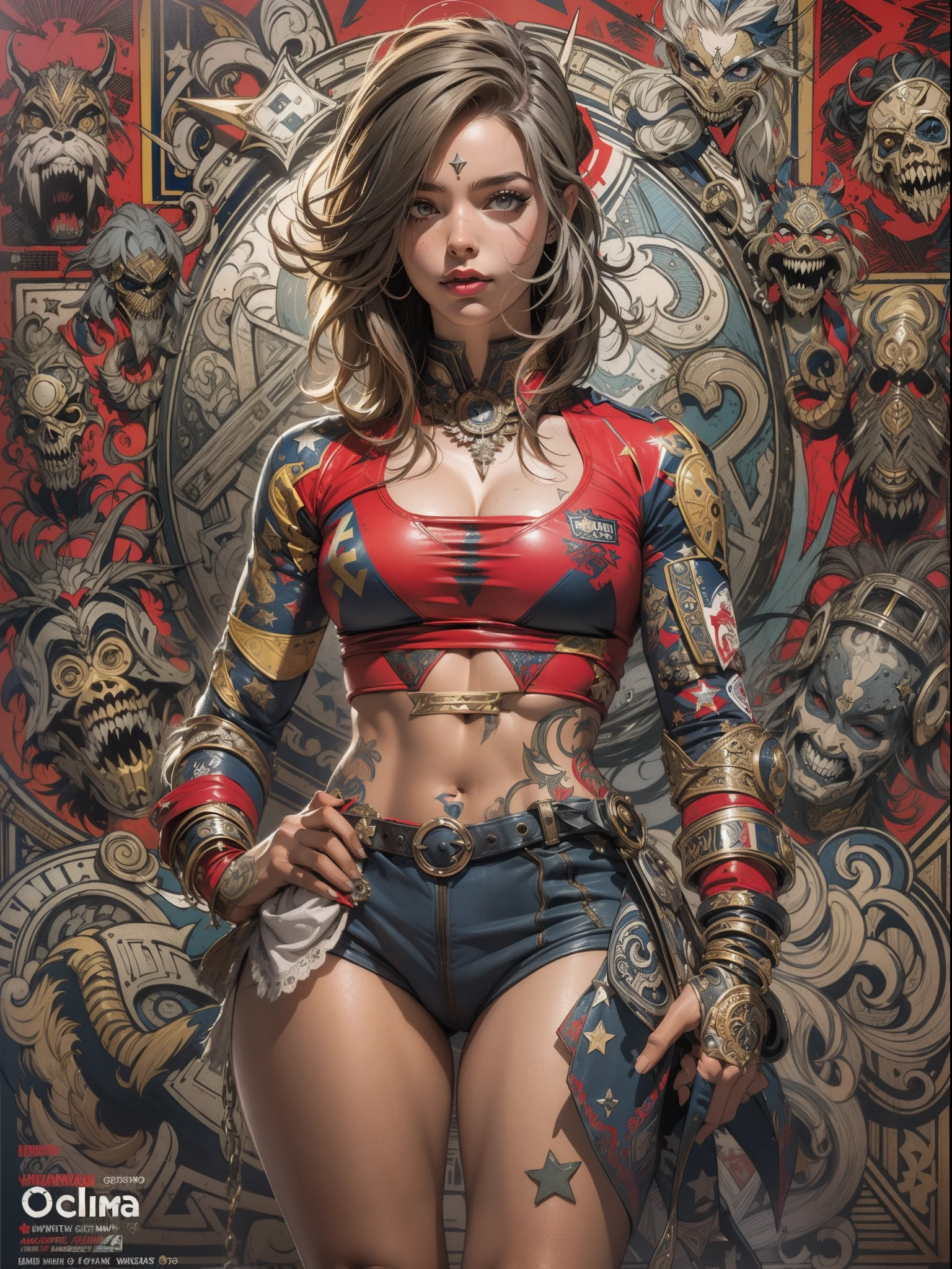 (((mulher))), (((melhor qualidade))), (((obra prima))), (((adulto))), (((1girl))), ((( corte de cabelo bob ))), ((( Latim ))), ((( pele escura ))), Uma gladiadora cyberpunk mulher de 25 anos com corpo perfeito, shoulder pads with metal spines, Gladiadores do Brooklyn, bronzeada (( corte de cabelo bob )), tiny leather panties, camiseta de time de rugby rasgada, quase nua no estilo selvagem urbano de Simon Bisley para a capa da revista Heavy Metal, Cabelo loiro curto, Minimum clothing, Metal protection on the left arm with intricate graphics, faded red with white stars and paisley pattern navy blue and white, armadura pintada com grafismos agressivos, cheio de pontas e rebites, (((do joelho pra cima))), no fundo uma parede pintada por Shepard Fairey com um design intrincado