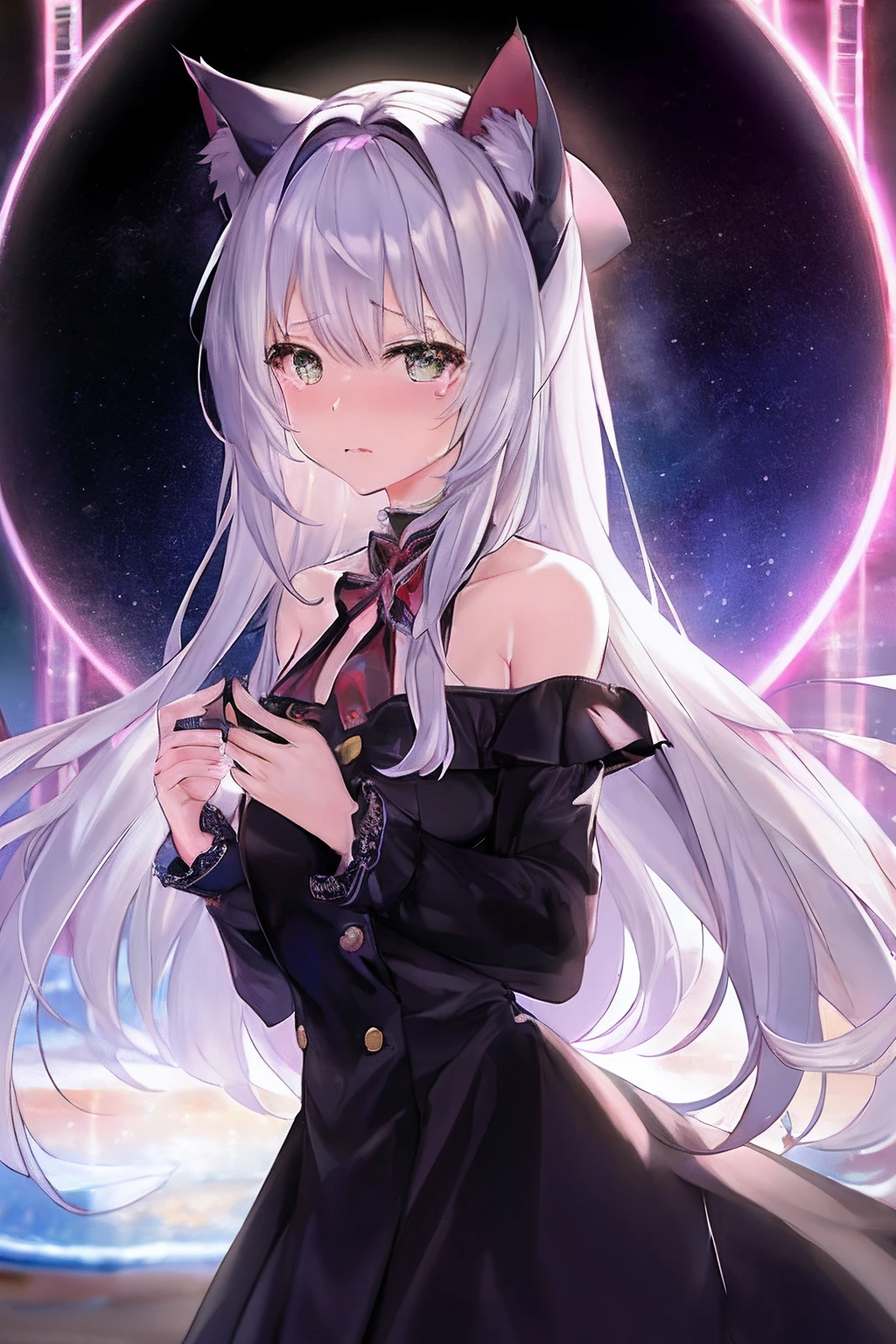 (((Cat breast))), flat chest, Unreal, movie, Hair color is silver hair, Cat's ears, Two black horns, The eyes are black eyes((Crying with tears)), She's lonely,She looks sleepy、Her eyes look sleepy., Wearing a black and white uniform with a red tie, Wear a sailor's hat on your head, dramatic art, Beach, Lens Flare, Big rainbow,The moon shines,Star chips, bloom, ((light glow)), chromatic abberation], Digital Painting, Insane details, Intricate details, Beautifully color graded, Unreal Engine, Cinematic , colour grading, Editorial Photography , Photography, Photo Shot, Shot on 70mm lens, depth of fields, degrees of freedom, Tilt Blur, Shutter Speed 1/1000,