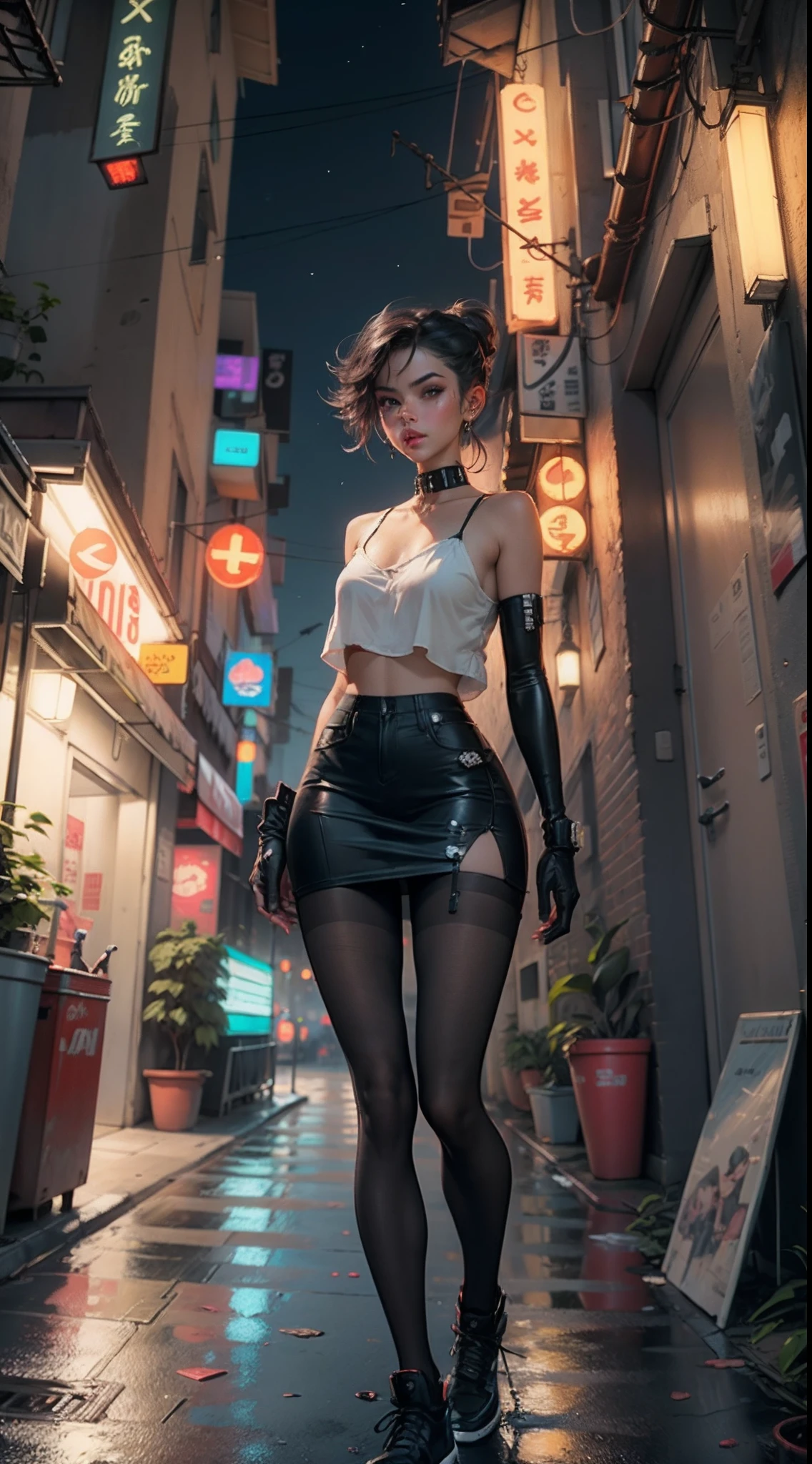 Motor irreal:1.4,CG ultra realista 64K, fotorrealista:1.4, textura da pele:1.4, obra prima:1.4,Linda selena gomez com lingeries babydoll、Roupas curtas amarelas estilo cyberpunk, Red pantyhose , Mini saia azul, fundo cidade a noite neon cyberpunk