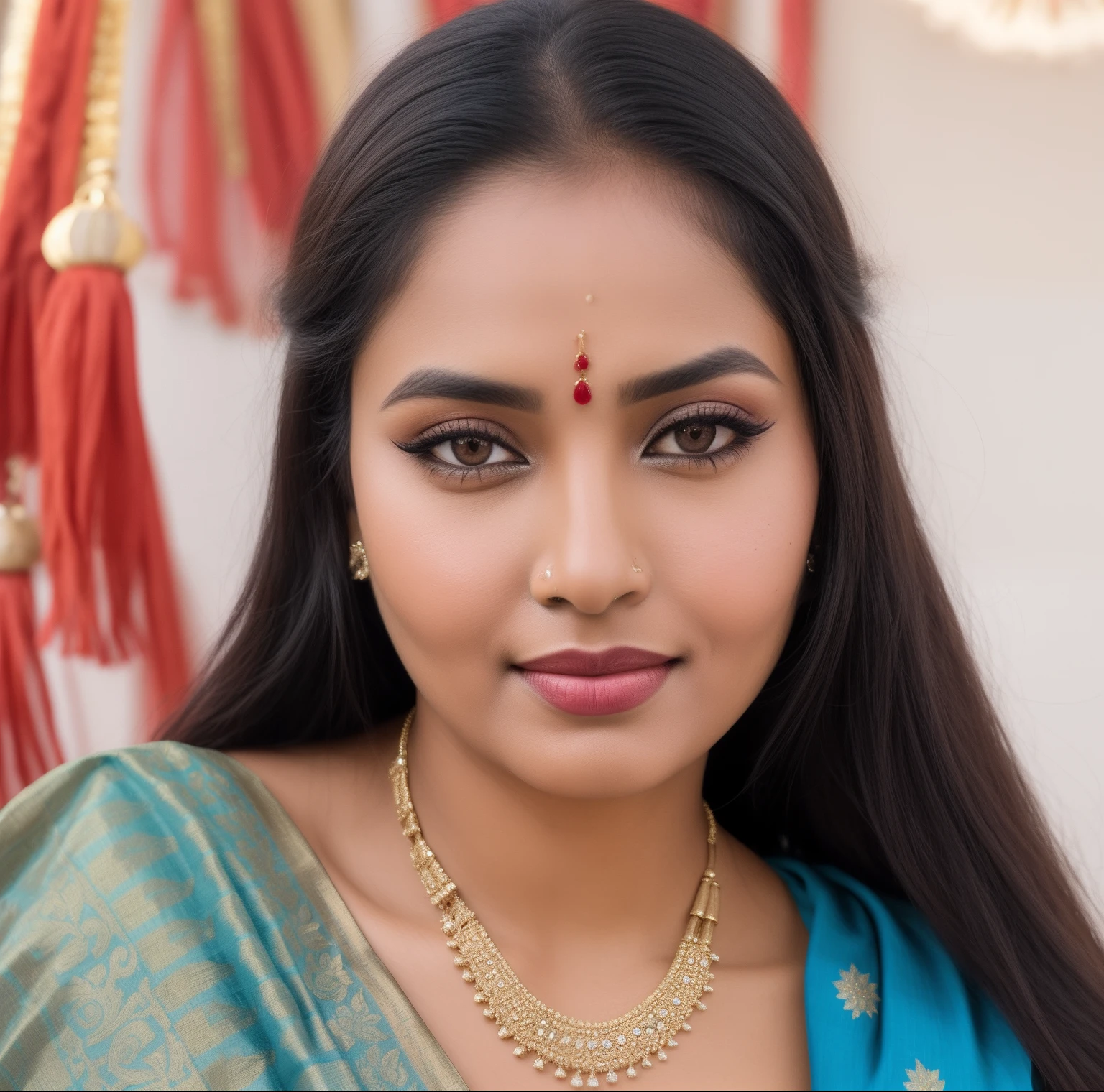 a close up of a woman wearing a blue sari and a necklace, with professional makeup, with accurate face, assamese, photo of a woman, assamese aesthetic, traditional beauty, with lovely look, candid picture, indian, portait photo profile picture, profile picture, profile image, wearing bihu dress mekhela sador, beuatiful face