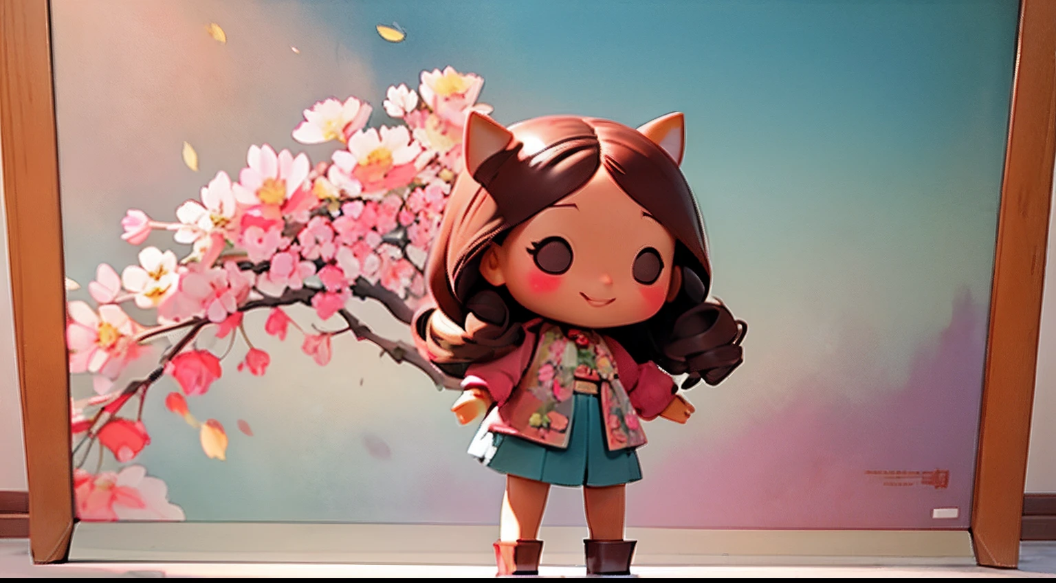 photoRealstic、Doll standing in front of the painting、bionde、laugh face、Water droplets on the cheeks、Sengai、pixiv、rokoko、dollfie dream、watercolor Nendoroid、(High Definition Figure)、flowing sakura-colored silk、nendroid、bustup、Cherry blossom petals、Flowing cherry blossom silk、season!!: 🌸 ☀ 🍂 ❄