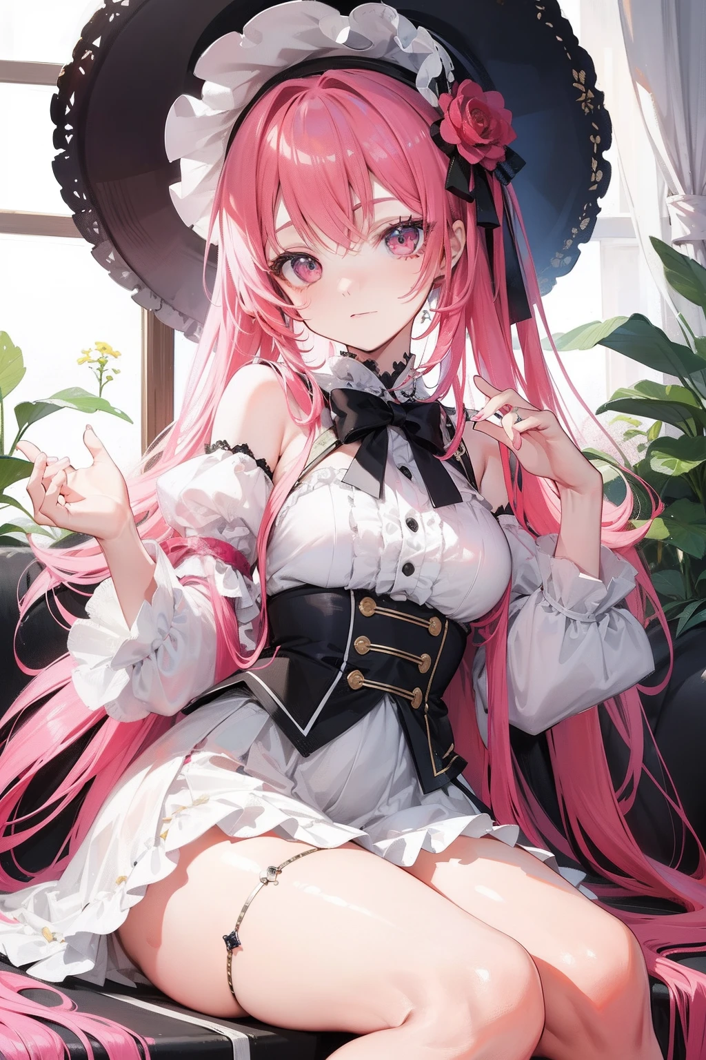 (hoang lap,A high resolution,ultra - detailed,distinctive),1girll,Pink hair color, ta prostitute,wearing hat,There are flowers on the hat