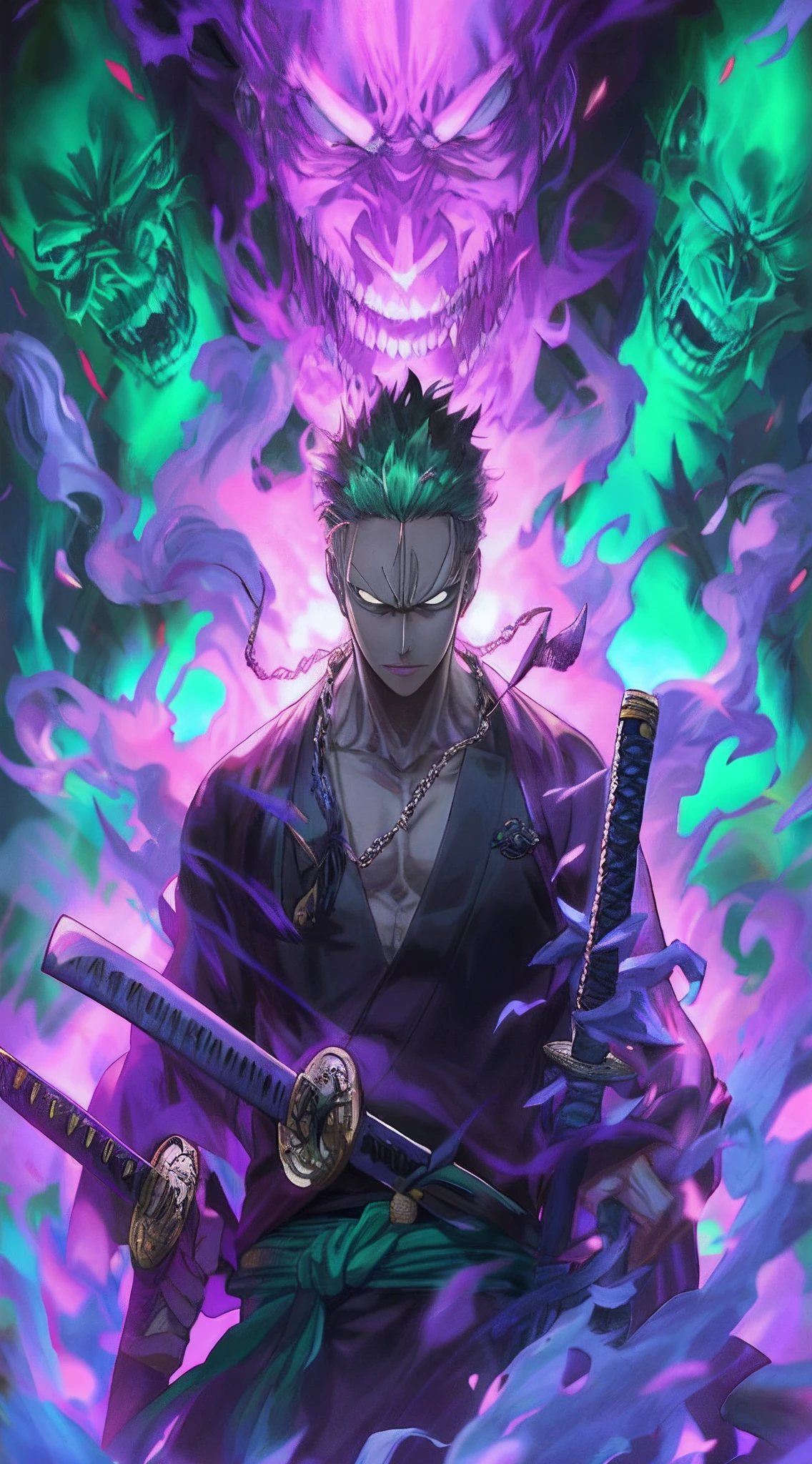 a closeup of a person holding two swords in front of a demon, badass anime 8 k, roronoa zoro, cara bonito em demon slayer art, anime wallpaper 4 k, anime wallpaper 4k, 4 k manga wallpaper, anime art wallpaper 4 k, anime art wallpaper 4k, anime wallpaper 4k anime artwork, anime style 4 k, deixa a imagem mais longe, deixa a forto mais larga.