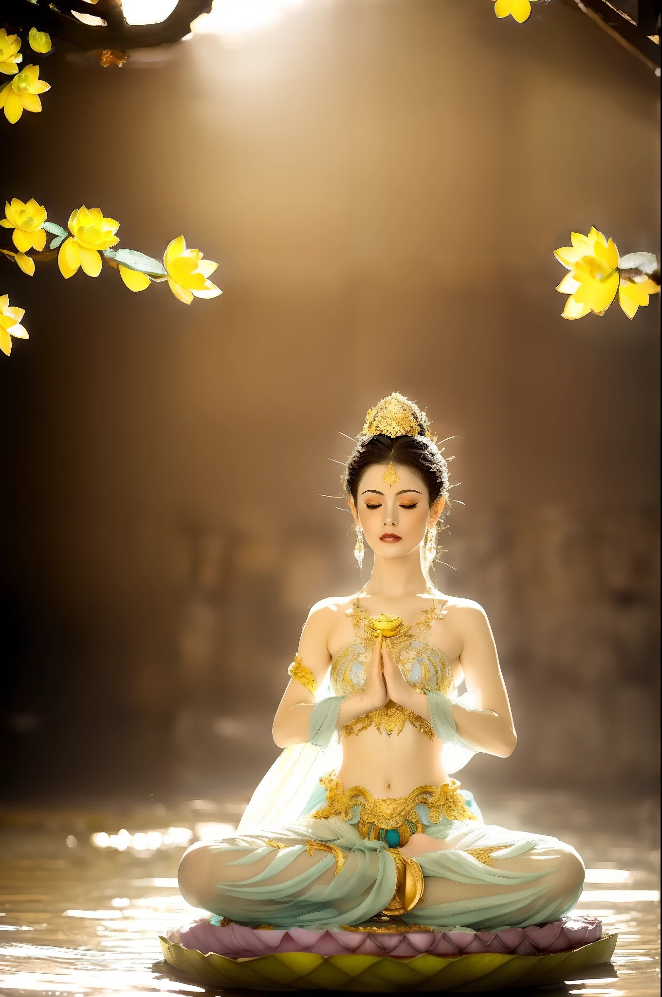 The naked fairy sits on a lotus throne in meditation，（Yoga lotus sitting），（Perfect，Delicate and good-looking face），（Get wet all over your body）