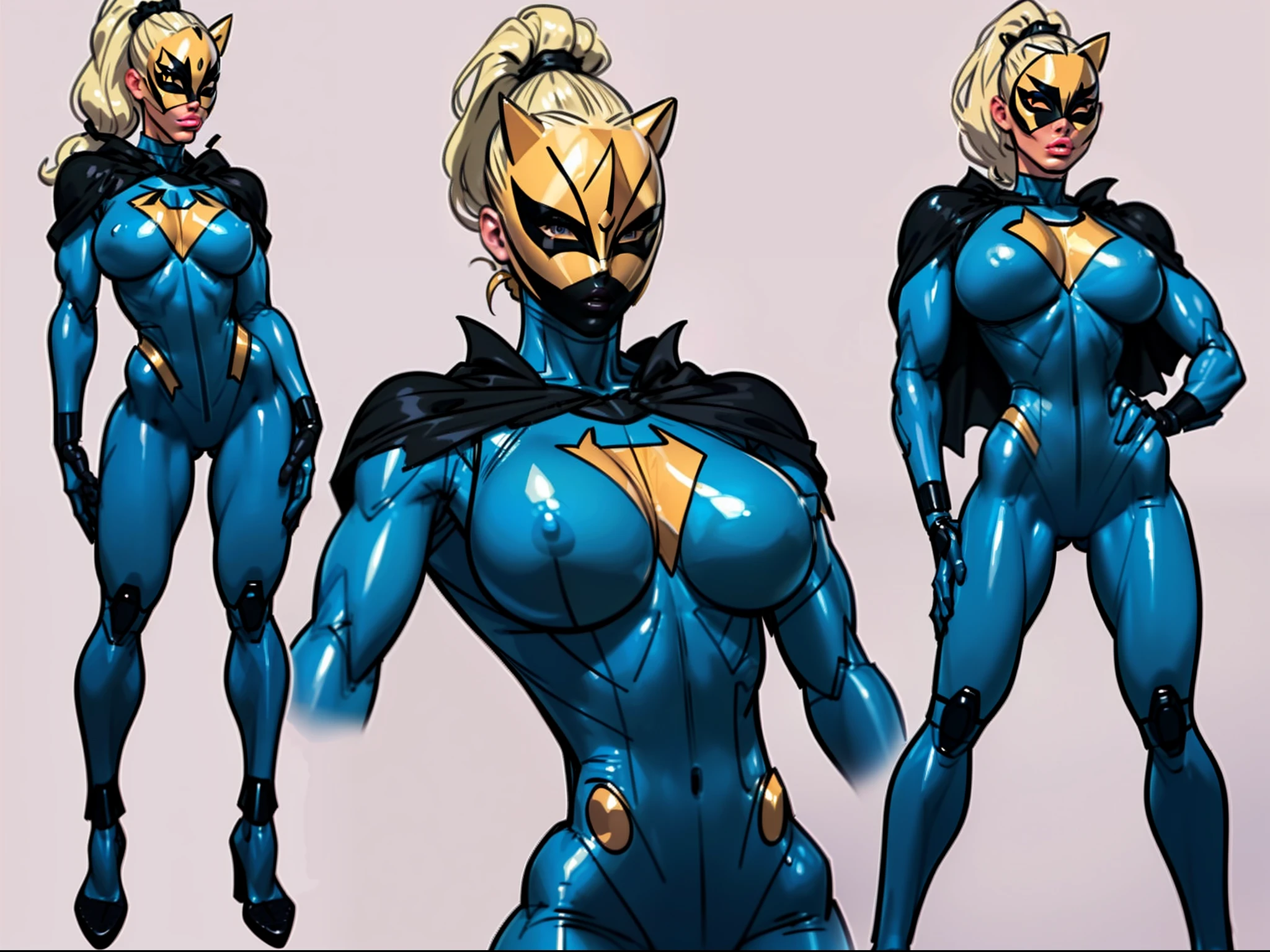 ((masterpiece)),(((best quality))),((character design sheet)), ((full body view)) illustration,1girl, muscular, ((blue bodysuit:1.6)), (masked over eyes:1.6) (black mask:1.6) superhero, (black ponytail:1.4), (puffy lips:1.6) (black cape:1.4) beautiful woman, (small breasts:1.3)(black legs:1.3)shiny skin, (gold emblem on chest:1.2),scribbles and marks, rough sketches, pose, 8k,16k, (simple background, white background: 1.3)(gigantic breasts:1.0)