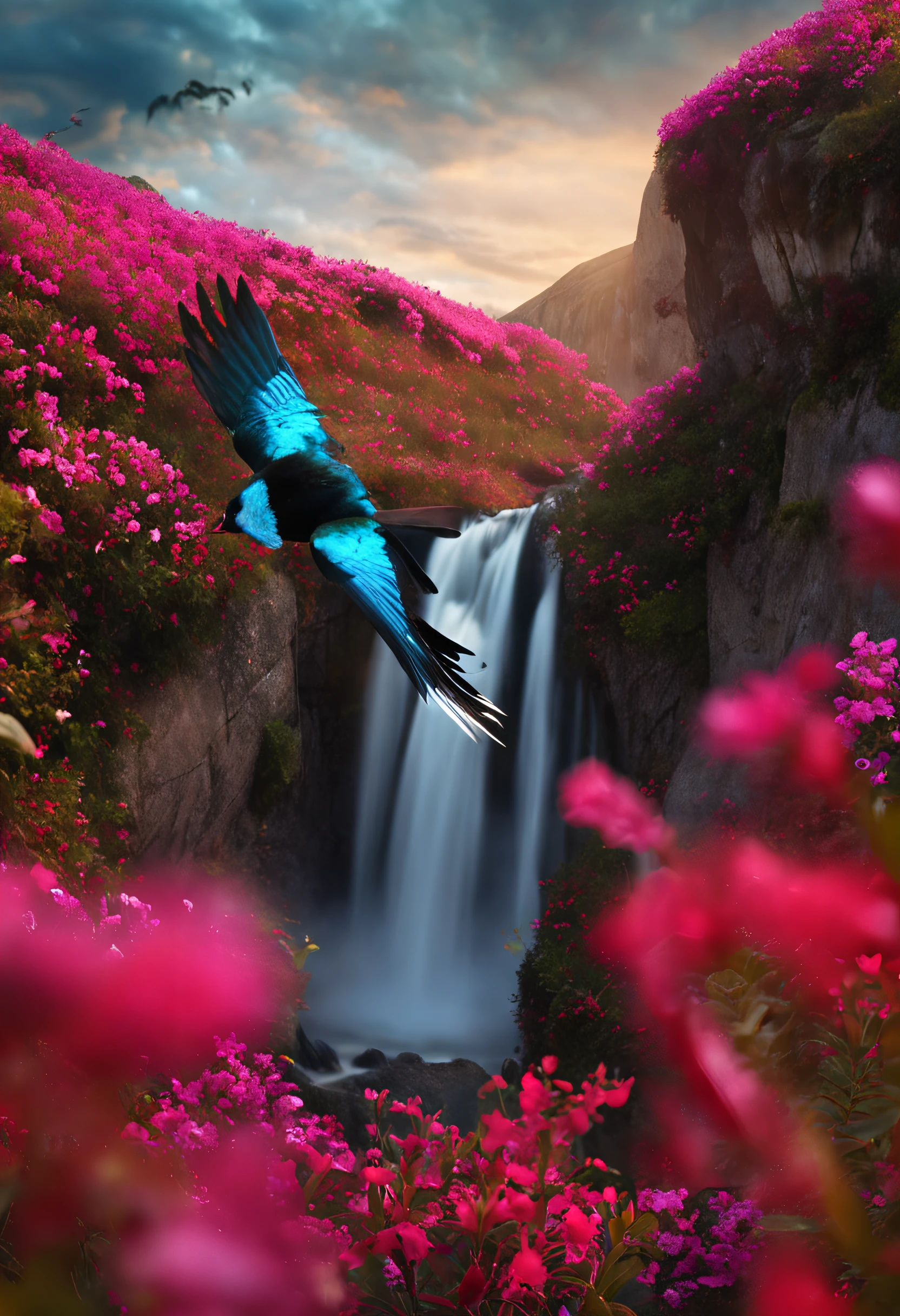 a bird flying over a red flower with a waterfall