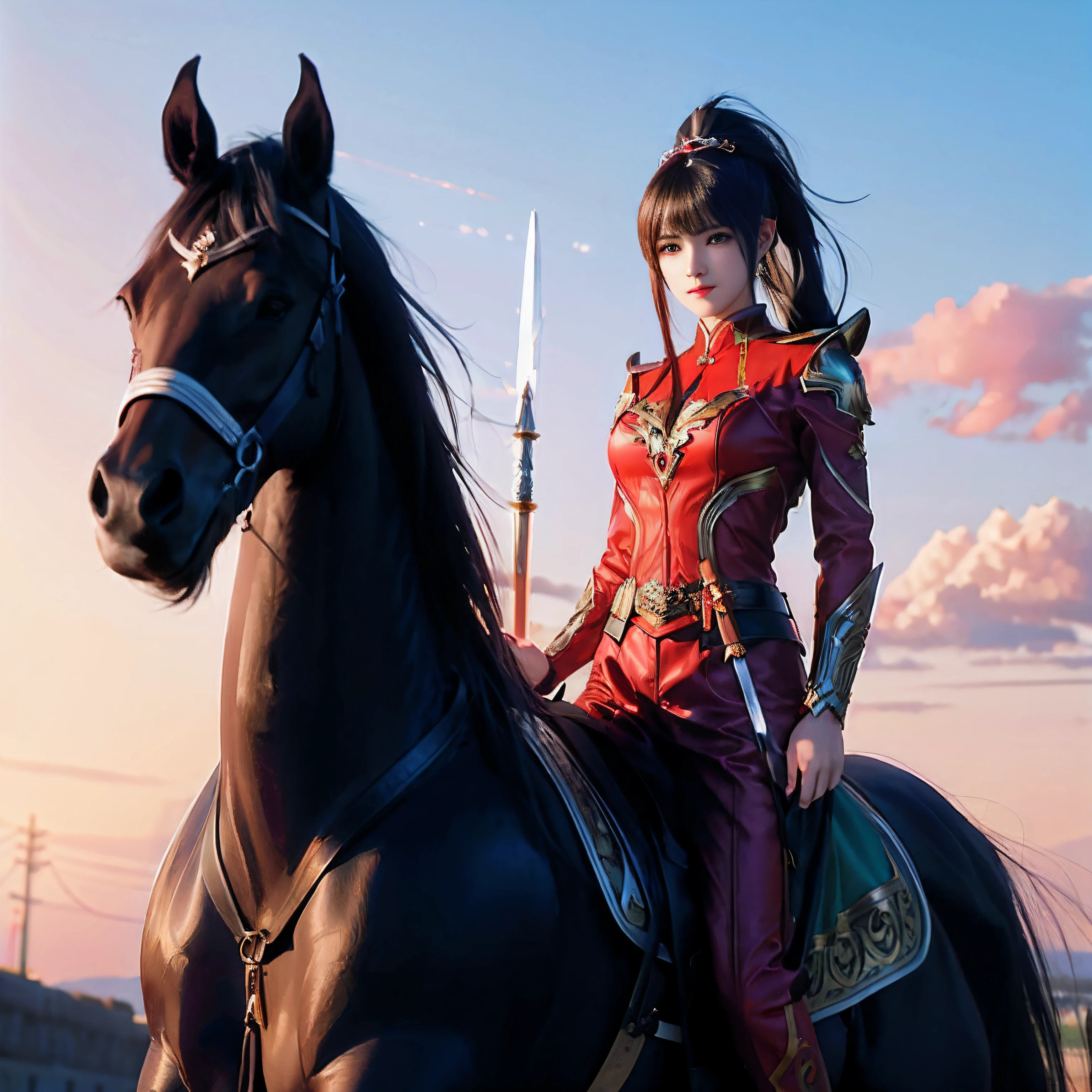 There was a woman dressed in red riding a horse, alena aenami and artgerm, Masayoshi Suto and artgerm, a young woman as genghis khan, tohsaka-rin, mounted on a horse, Anime girl cosplay, artgerm and ilya kushinov, cosplay foto, Portrait Chevaliers du Zodiaque Fille