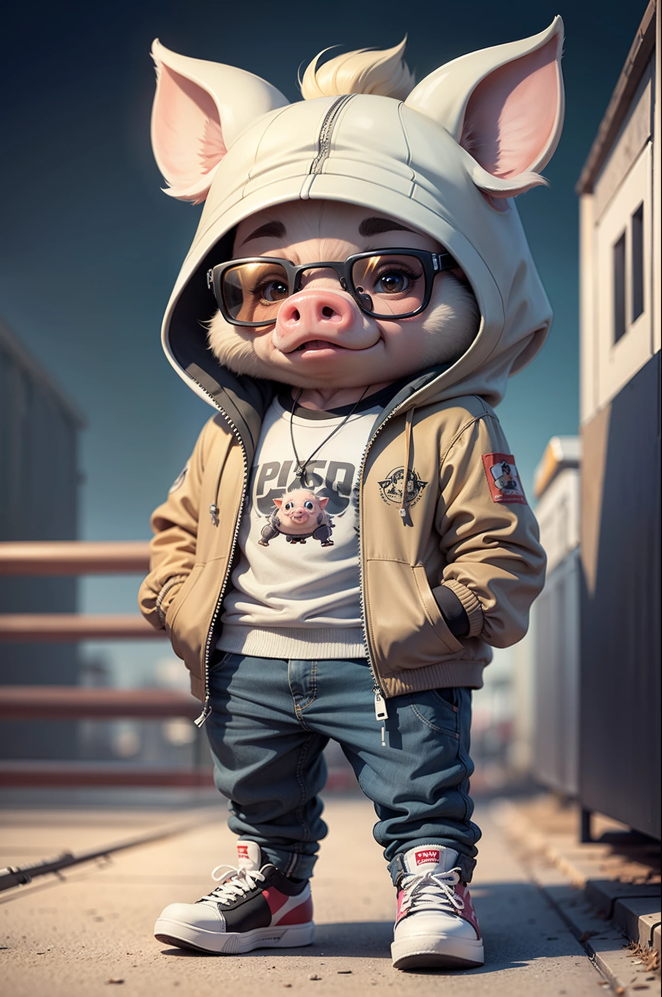 C4tt4stic, Cartoon cute pig in cartoon with jacket and skateboard, Sunglasses,