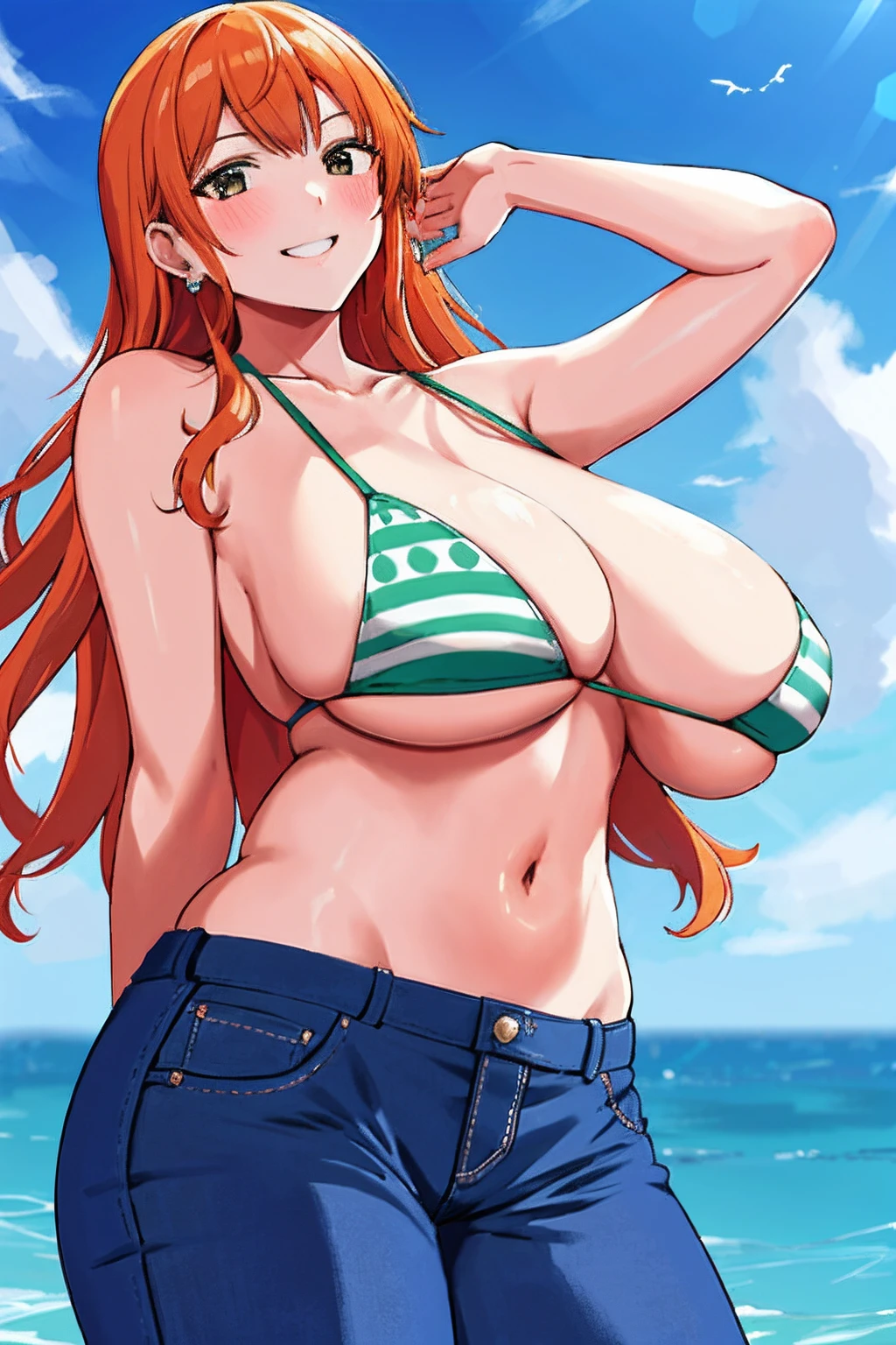 Detailed background, master piece, beste-Qualit, 1fille, solo, nami \(one piece\), 1girl, bracelet, frange, bare shoulders, ceinture, bikini, haut de bikini seulement, ciel bleu, bracelet, seins, yeux bruns, bulle, décolleté, nuage, coup de cow-boy, jour, denim, earrings, cheveux flottants, ceinture verte, bikini vert, aine, jeans, bijoux, gros seins, big breast, gigantic breast, Log installation, cheveux longs, regarder le spectateur, nombril, cheveux orange, pantalon,  shoulder tattoo, sidelocks, ciel, sourire, solo, debout, ventre, maillot de bain, tatouage, regarder le spectateur