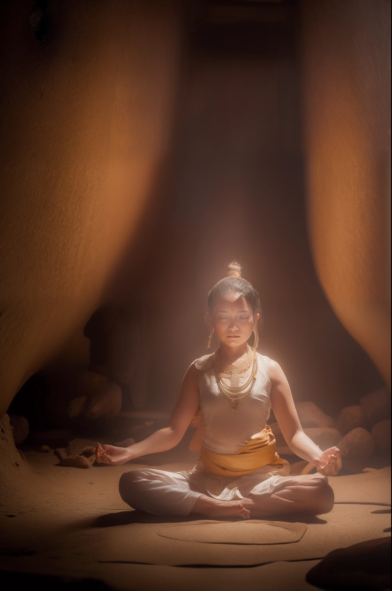 Sweaty tantric maids meditate in a yoga lotus sitting position in a chamber,(complete,good-looking face)