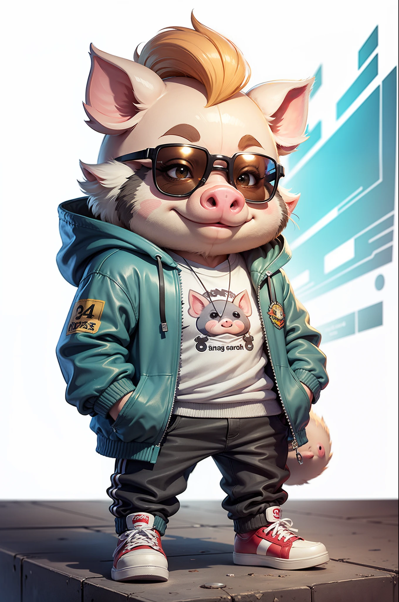 C4tt4stic, Cartoon cute pig in cartoon with jacket and skateboard, Sunglasses,