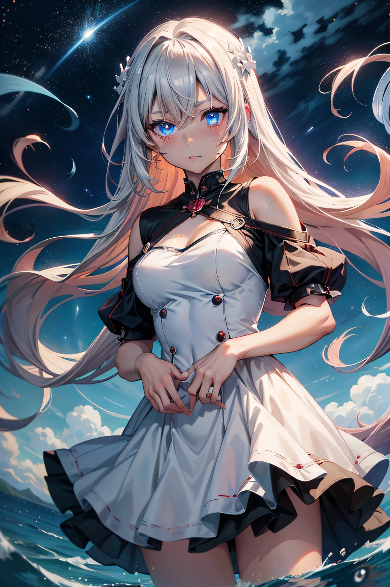 Anime, Anime style, nffsw, retinas, masutepiece, ccurate, Anatomically correct, Textured skin, Super Detail, high details, High quality, awardwinning, Best Quality, hight resolution, anime girl in a white dress with long hair and blue eyes, Wallpaper Anime Blue Water, beautiful anime artwork, Seductive Anime Girl, nightcore, beautiful anime art, beautiful alluring anime woman, detailed anime art, high definition anime art, loli in dress, Trending on ArtStation pixiv, Beautiful anime girl, goddess of the sea, Detailed anime artwork