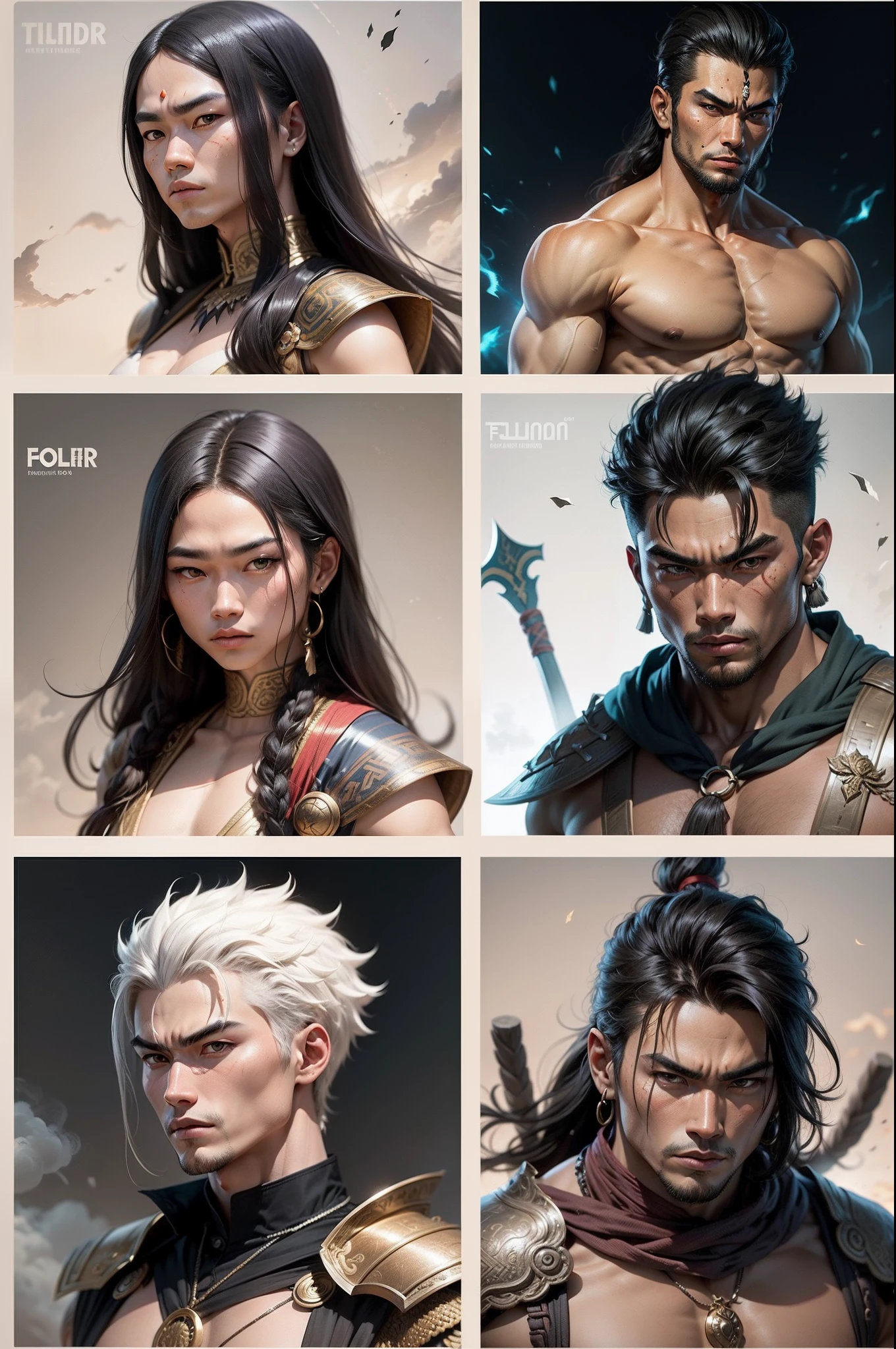 Asian Warrior Tribe Male Thunder God, Folha de design de personagem, diferentes poses, different angles