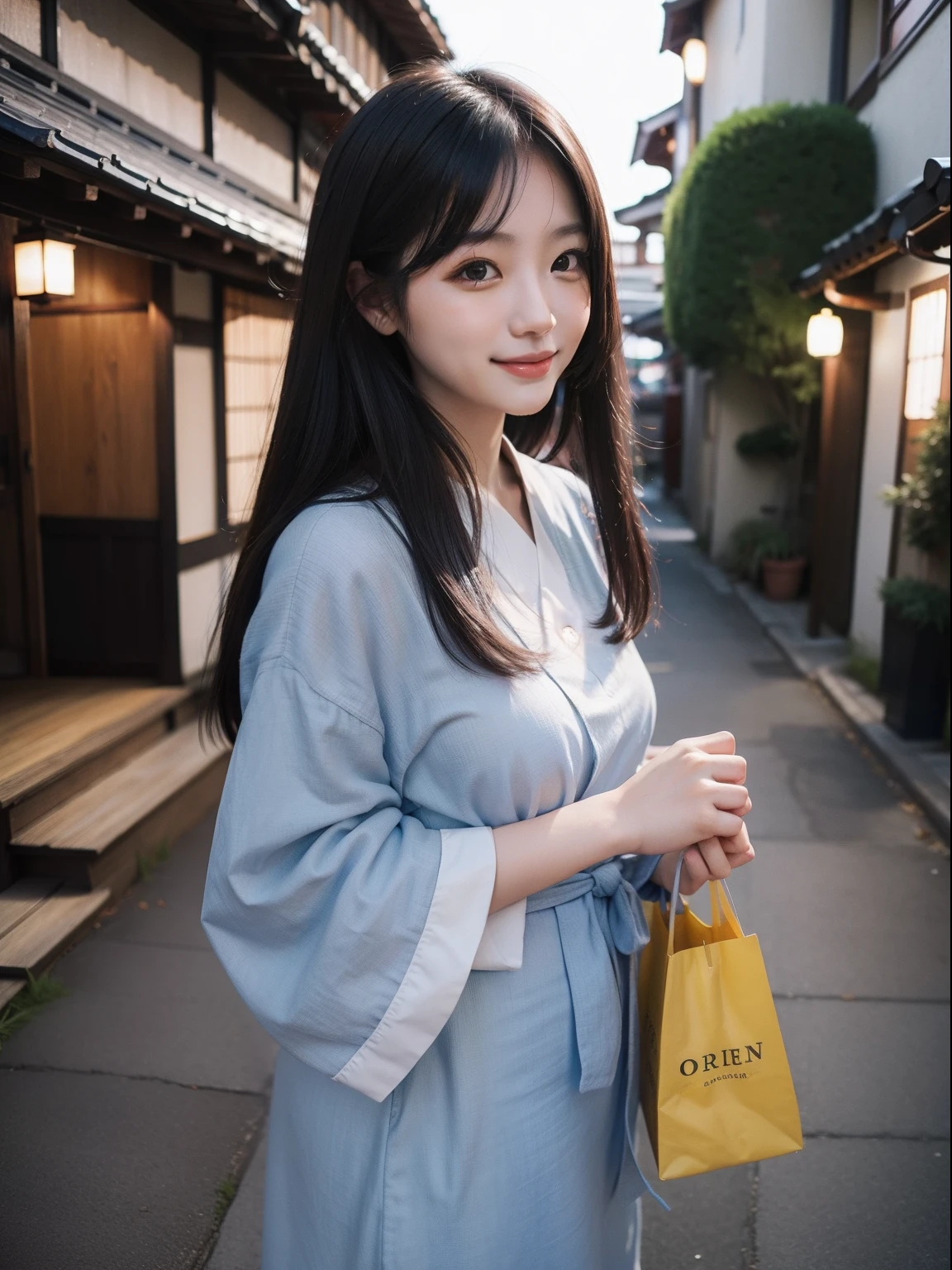 夏天、Portrait of smiling woman、Woman with dark hair、beautiful japanese female、early evening、takeout、Coming out of the house、Standing outside