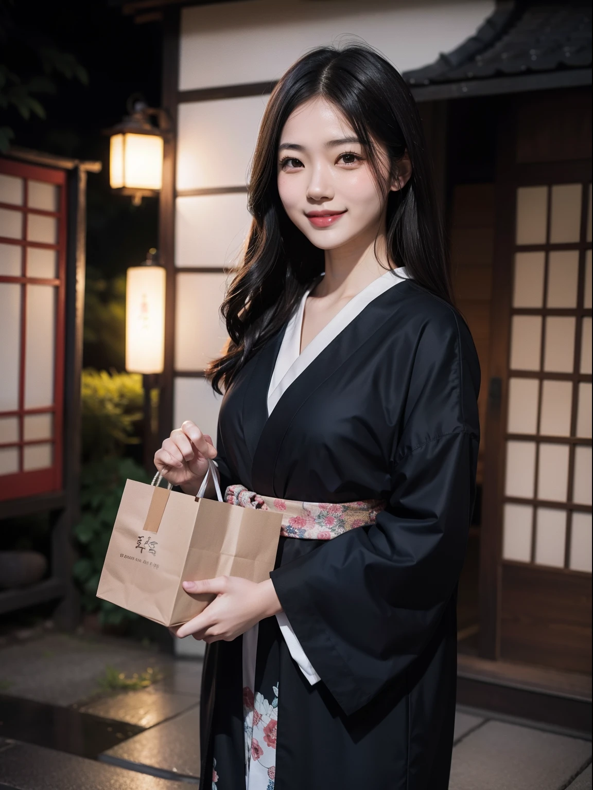 夏天、Portrait of smiling woman、Woman with dark hair、beautiful japanese female、early evening、takeout、Coming out of the house、Standing outside