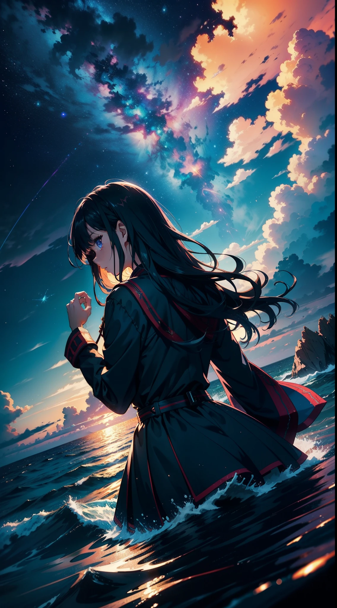 Expansive landscape photograph,(look from down,Above is the sky,Below is the vast sea),A girl standing on the seashore looking up,(moon full:1.2),(meteors:0.9),(Starcloud:1.3),reef, Waves BREAK makes art,(Warm light source:1.2),(swell sea:1.2),lamp lights,Lots of purple and orange,Complicated details,Volumetric lighting BREAK(tmasterpiece:1.2),(best qualtiy),4k,ultra - detailed,(dynamic compositions:1.4),detail-rich,plethora of colors,(Irridescent color:1.2),(with light glowing,Atmospheric lighting),dream magical,magical,(独奏:1.2)