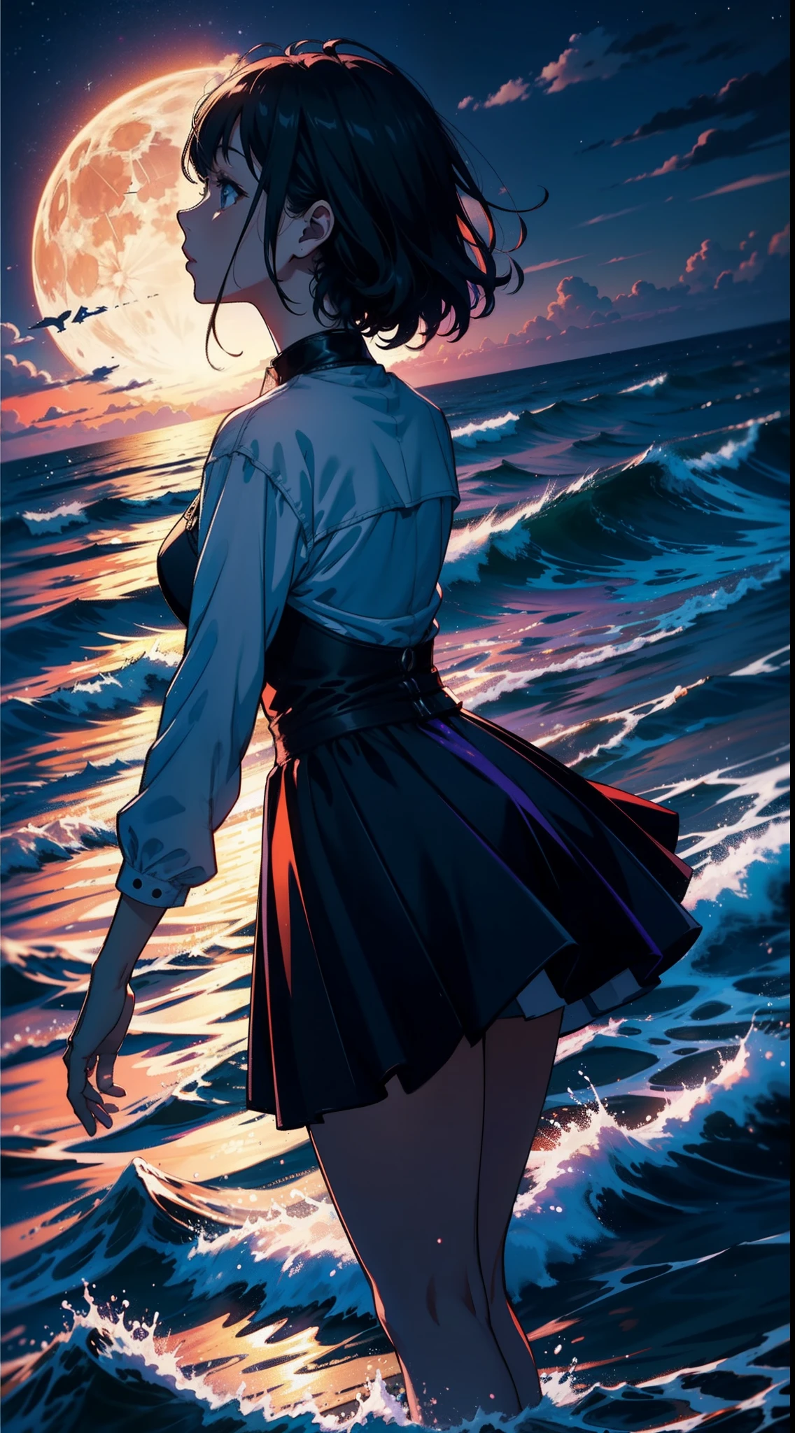 Expansive landscape photograph，（look from down，Above is the sky，Below is the vast sea），A girl standing on the seashore looking up，（moon full：1.2），（meteors：0.9），（Starcloud：1.3），reef, Waves BREAK makes art，（Warm light source：1.2），（swell sea：1.2），lamp lights，Lots of purple and orange，Complicated details，Volumetric lighting BREAK（tmasterpiece：1.2），（best qualtiy），4k，ultra - detailed，（dynamic compositions：1.4），detail-rich，plethora of colors，（Irridescent color：1.2），（with light glowing，Atmospheric lighting），dream magical，magical，（独奏：1.2）