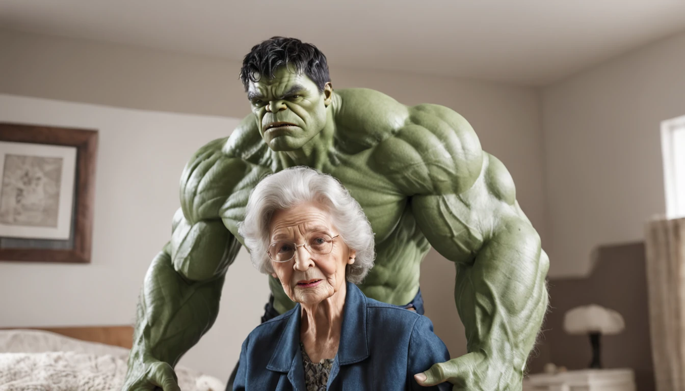 "Detailed depiction of a powerful, muscular, and vibrant green Hulk standing beside his loving grandmother in a heartwarming scene."
