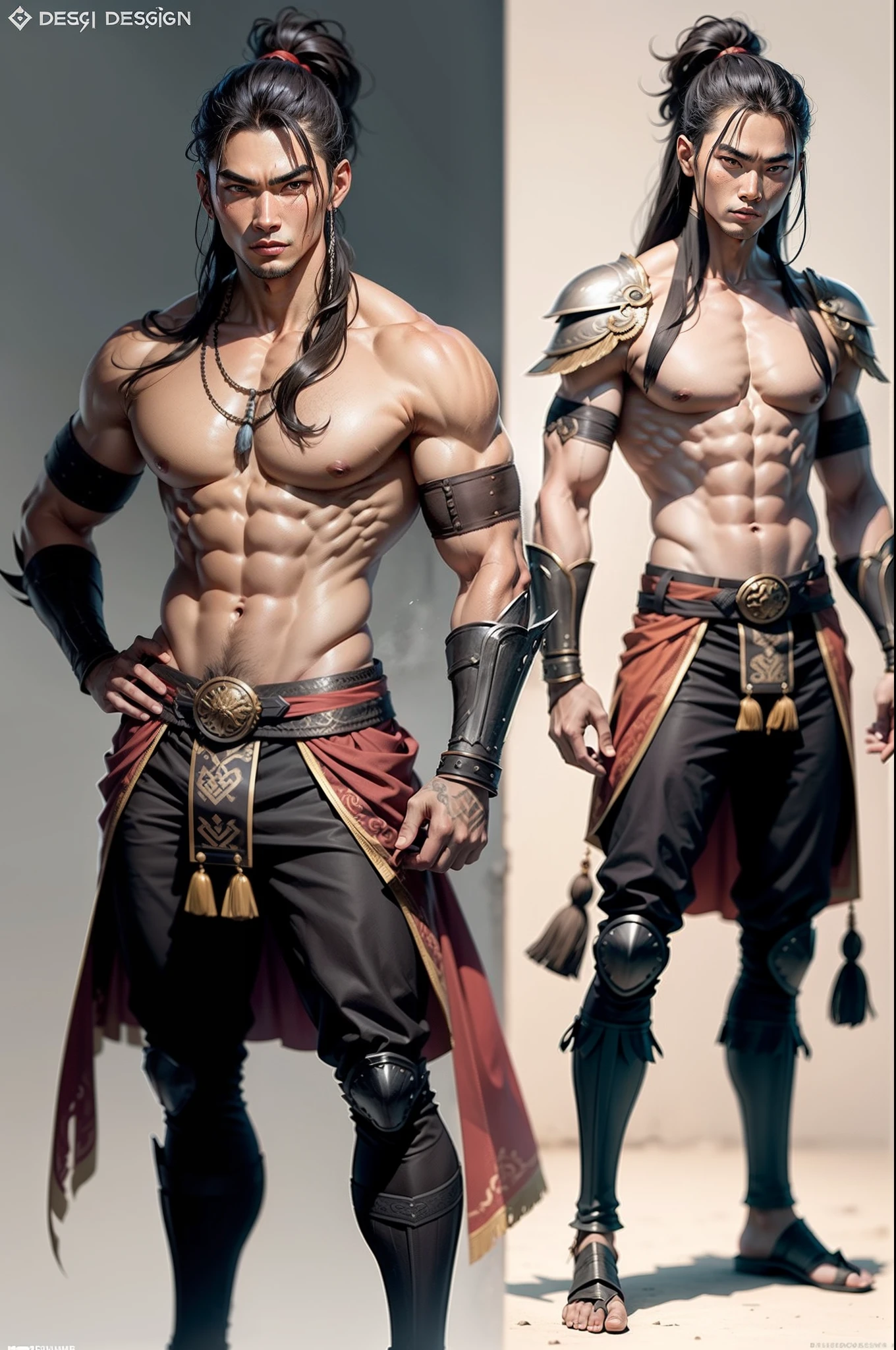 Asian Warrior Tribe Male Thunder God, Folha de design de personagem, diferentes poses, different angles