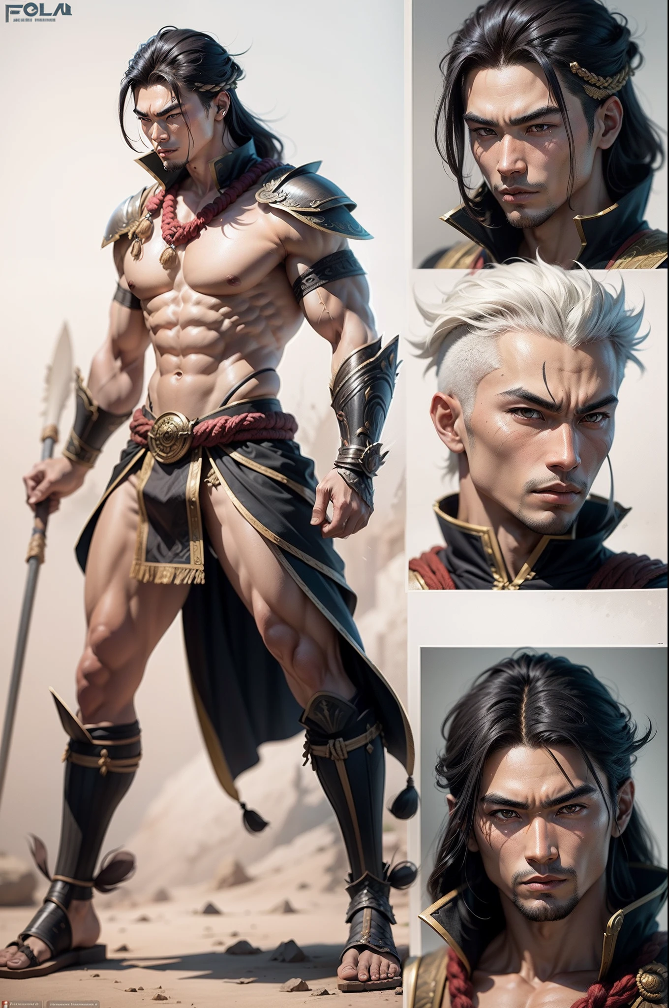 Asian Warrior Tribe Male Thunder God, Folha de design de personagem, diferentes poses, different angles