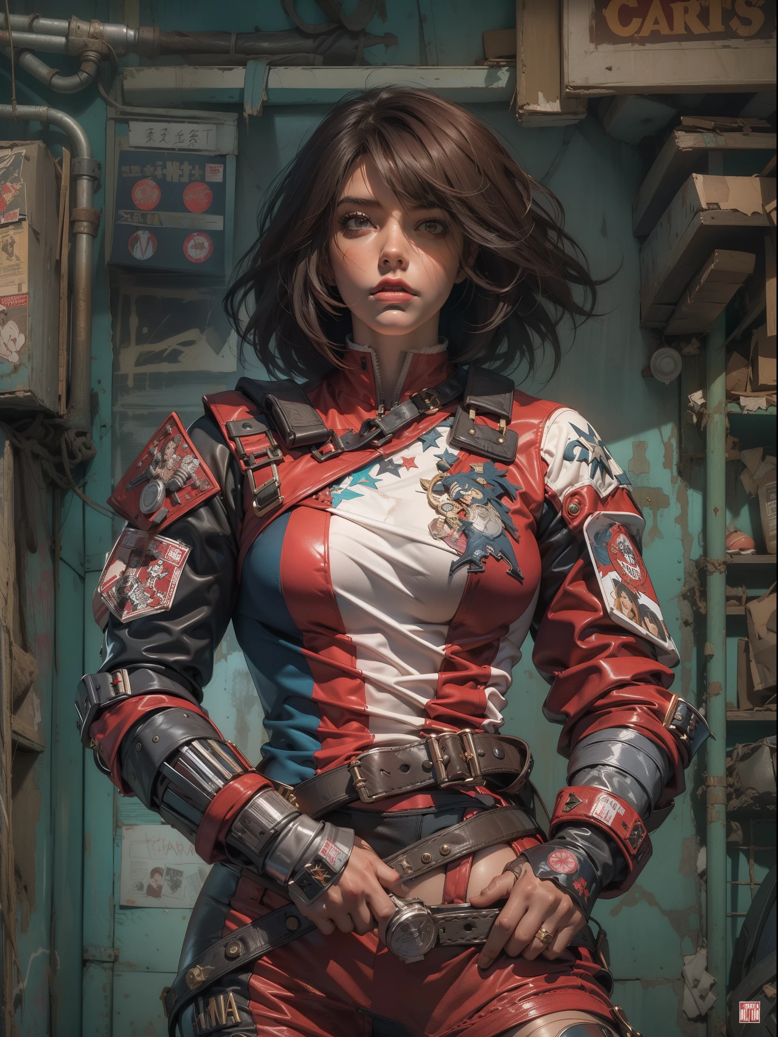 (((mulher))), (((melhor qualidade))), (((obra prima))), (((adulto))), (((1girl))), ((( corte de cabelo bob ))), Uma gladiadora cyberpunk mulher de 25 anos com corpo perfeito, shoulder pads with metal spines, Gladiadores do Brooklyn, (( corte de cabelo bob )), tiny leather panties, camiseta de time de rugby rasgada, quase nua no estilo selvagem urbano de Simon Bisley para a capa da revista Heavy Metal, Cabelo loiro curto, Minimum clothing, Metal protection on the left arm with intricate graphics, Dark red with white stars and white and navy blue checkerboard pattern, armadura, cheio de pontas e rebites, (((do joelho pra cima))), cabelos loiro branco curto, no fundo uma parede pintada por Shepard Fairey com um design intrincado