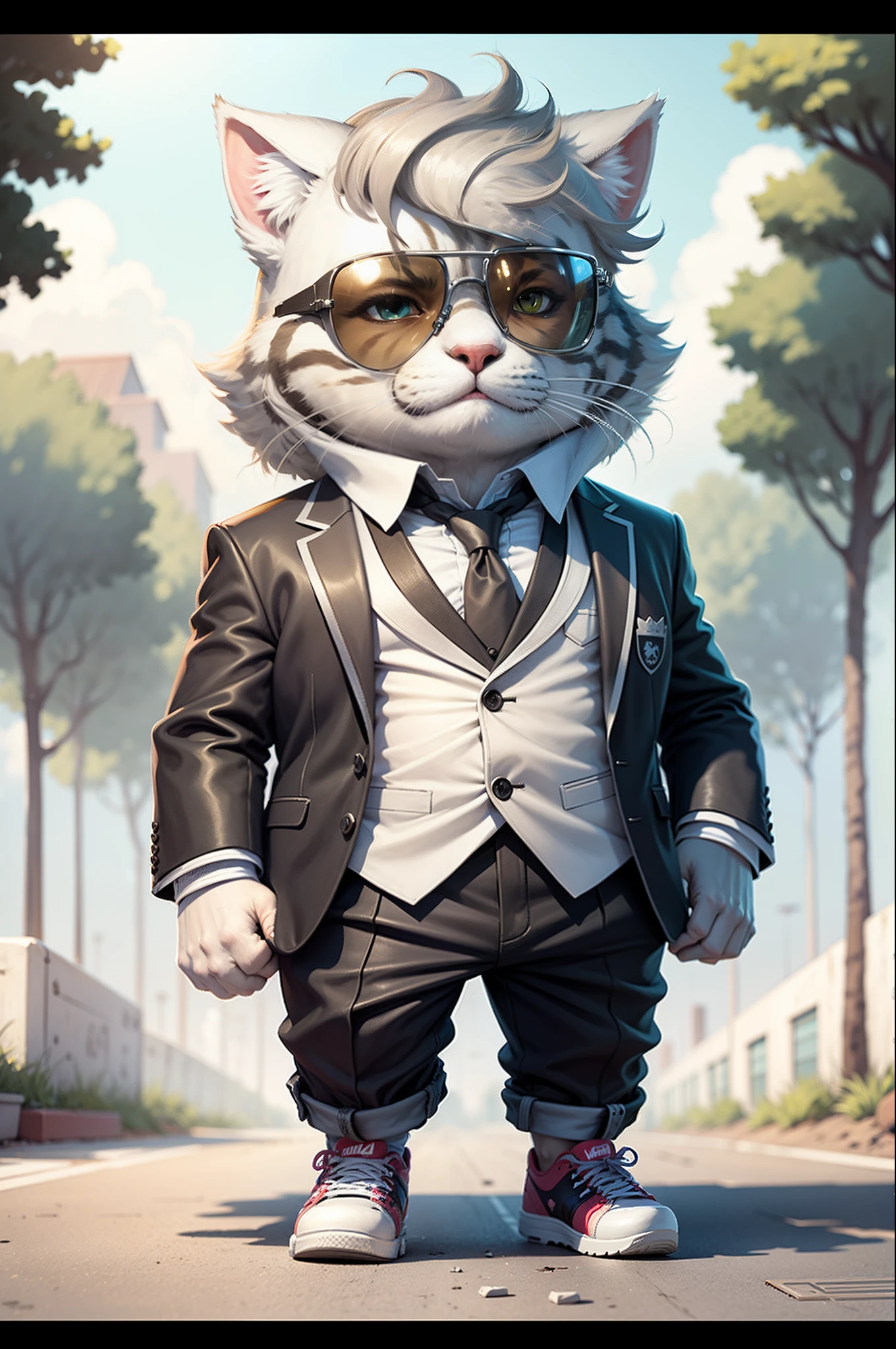 C4tt4stic, Cartoon silver tabby cat in suit and skateboard, Sunglasses,