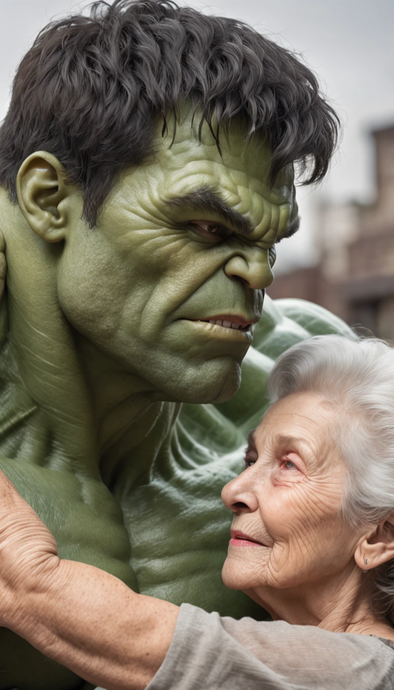 "Detailed depiction of a powerful, muscular, and vibrant green Hulk standing beside his loving grandmother in a heartwarming scene."